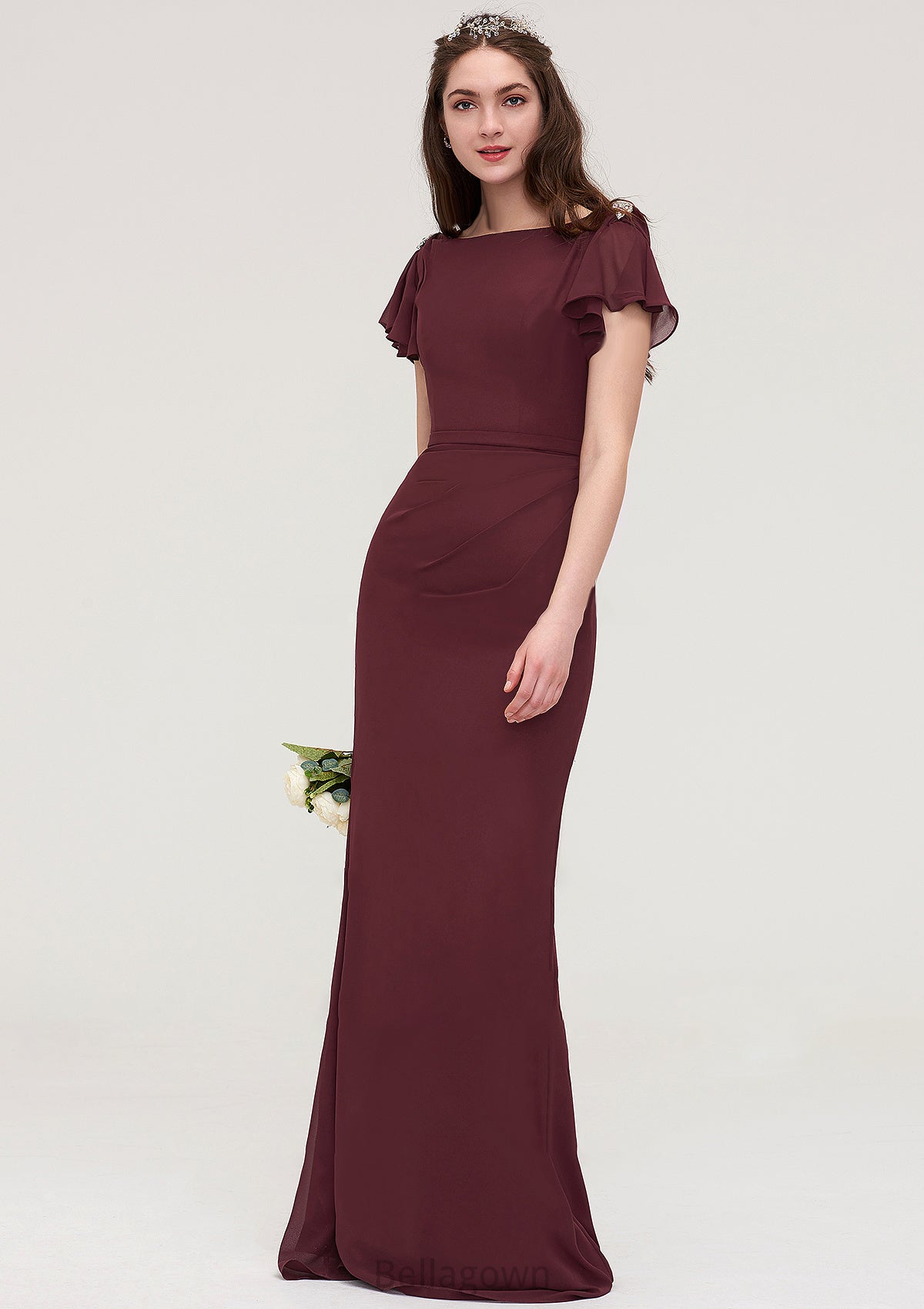 Short Sleeve Bateau Long/Floor-Length Sheath/Column Chiffon Bridesmaid Dresses With Crystal Detailing Sashes Corinne DNP0025440