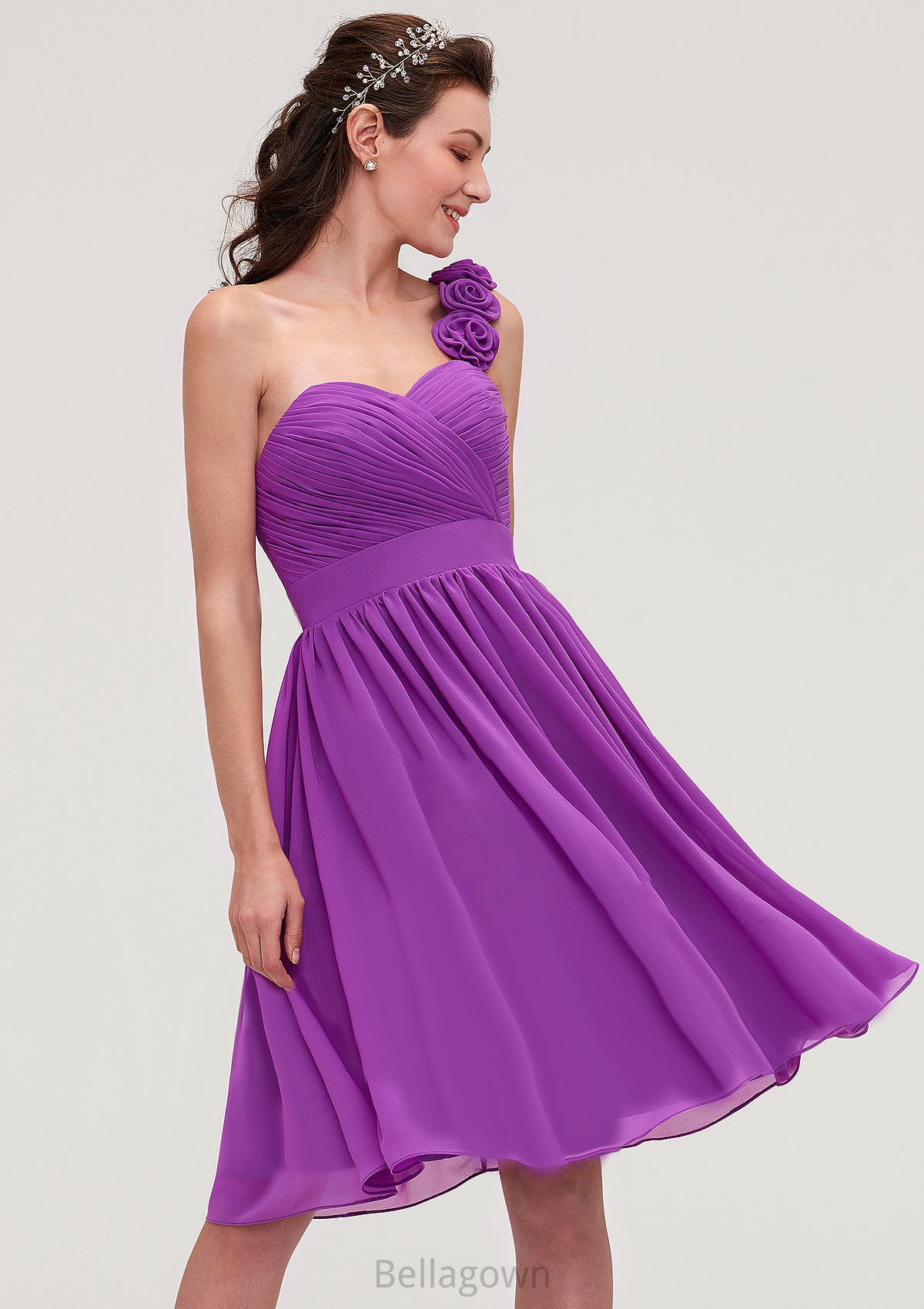 One-Shoulder Sleeveless Knee-Length Chiffon A-line/Princess Bridesmaid Dresseses With Pleated Flowers Sierra DNP0025441