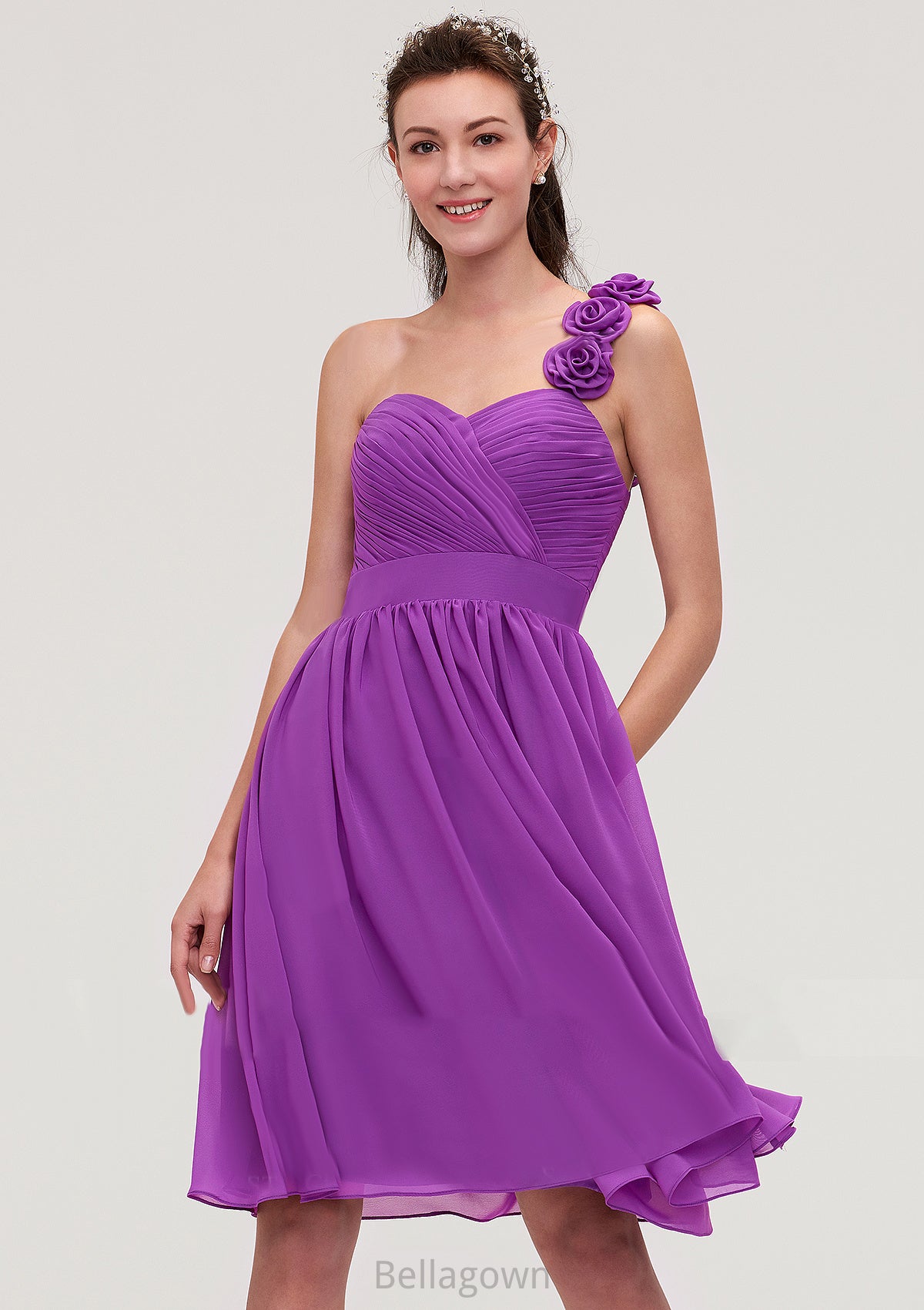 One-Shoulder Sleeveless Knee-Length Chiffon A-line/Princess Bridesmaid Dresseses With Pleated Flowers Sierra DNP0025441