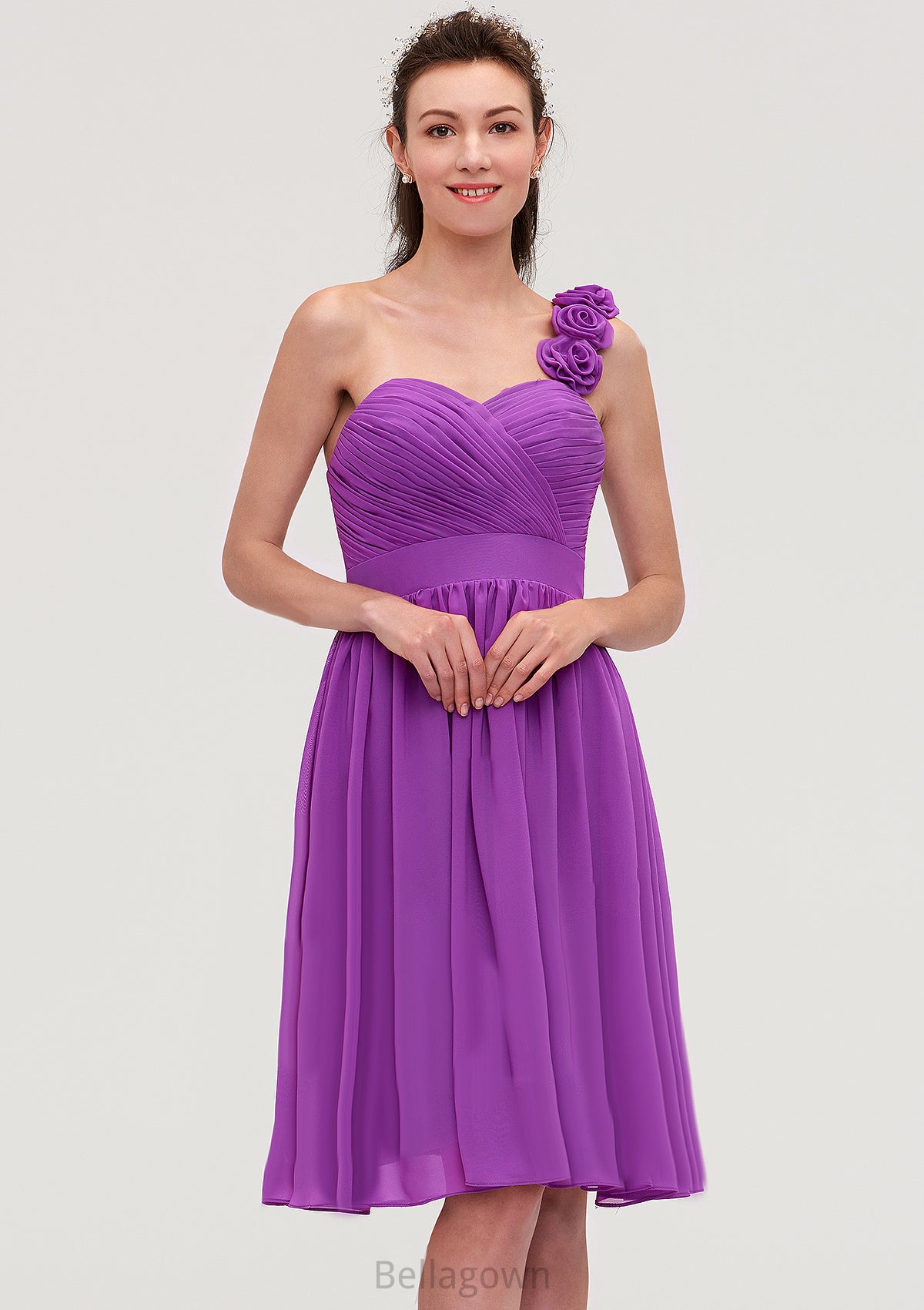 One-Shoulder Sleeveless Knee-Length Chiffon A-line/Princess Bridesmaid Dresseses With Pleated Flowers Sierra DNP0025441