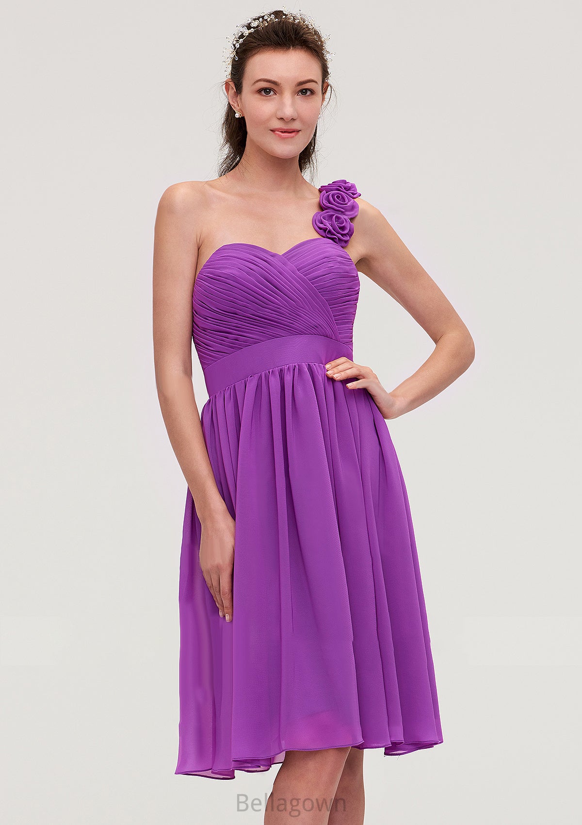 One-Shoulder Sleeveless Knee-Length Chiffon A-line/Princess Bridesmaid Dresseses With Pleated Flowers Sierra DNP0025441