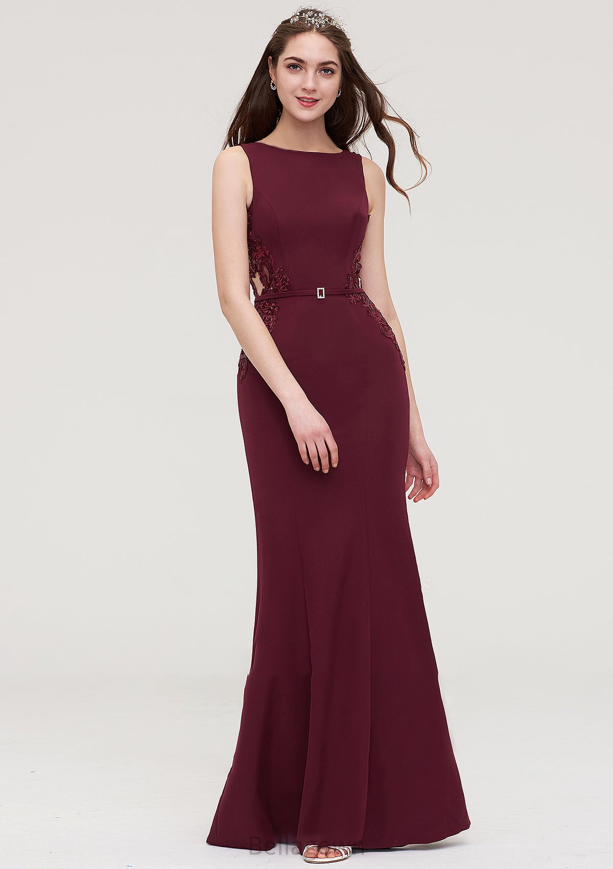 Bateau Sleeveless Sheath/Column Long/Floor-Length Elastic Satin Bridesmaid Dresses With Waistband Lace Sequins Sandra DNP0025443