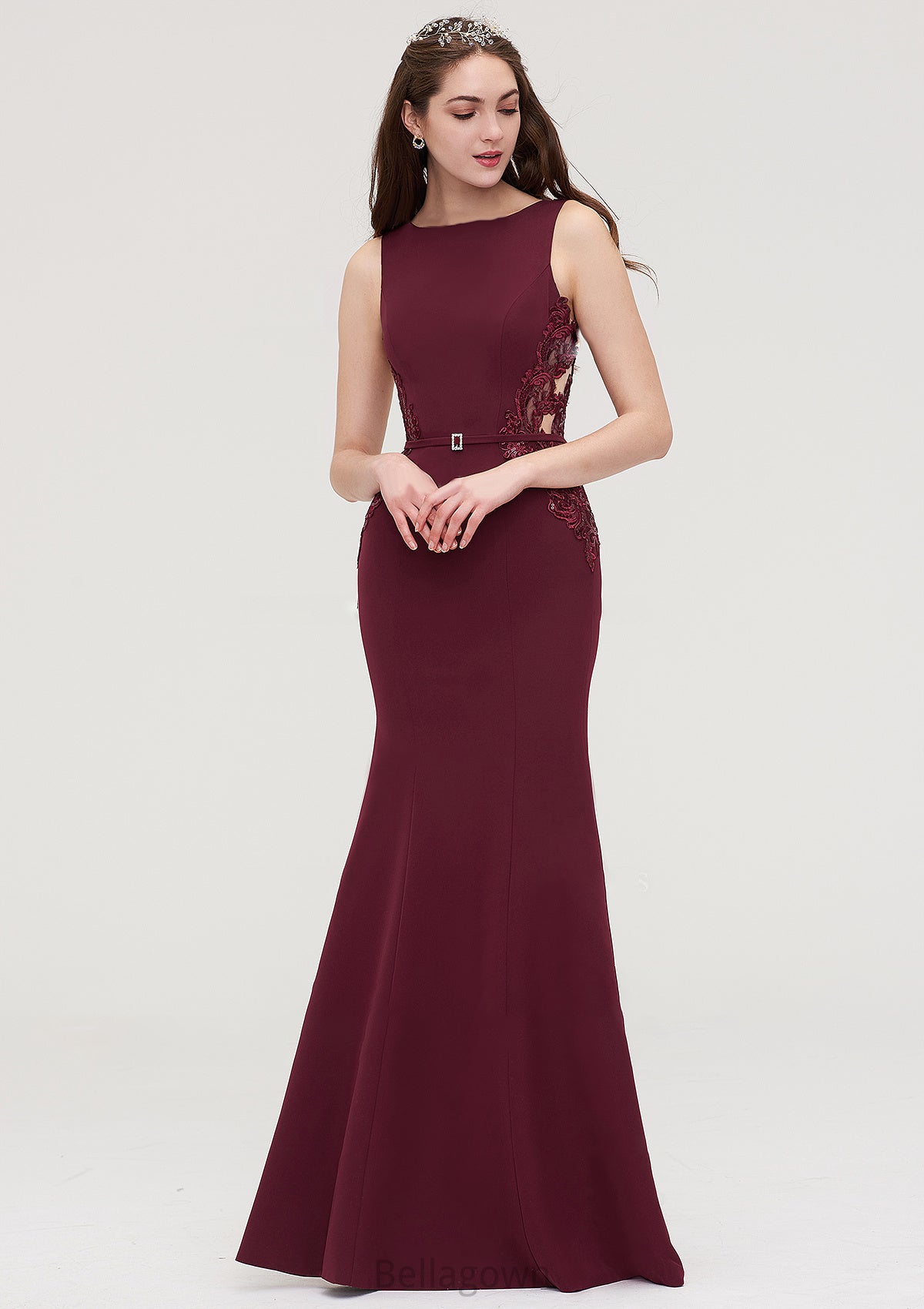 Bateau Sleeveless Sheath/Column Long/Floor-Length Elastic Satin Bridesmaid Dresses With Waistband Lace Sequins Sandra DNP0025443