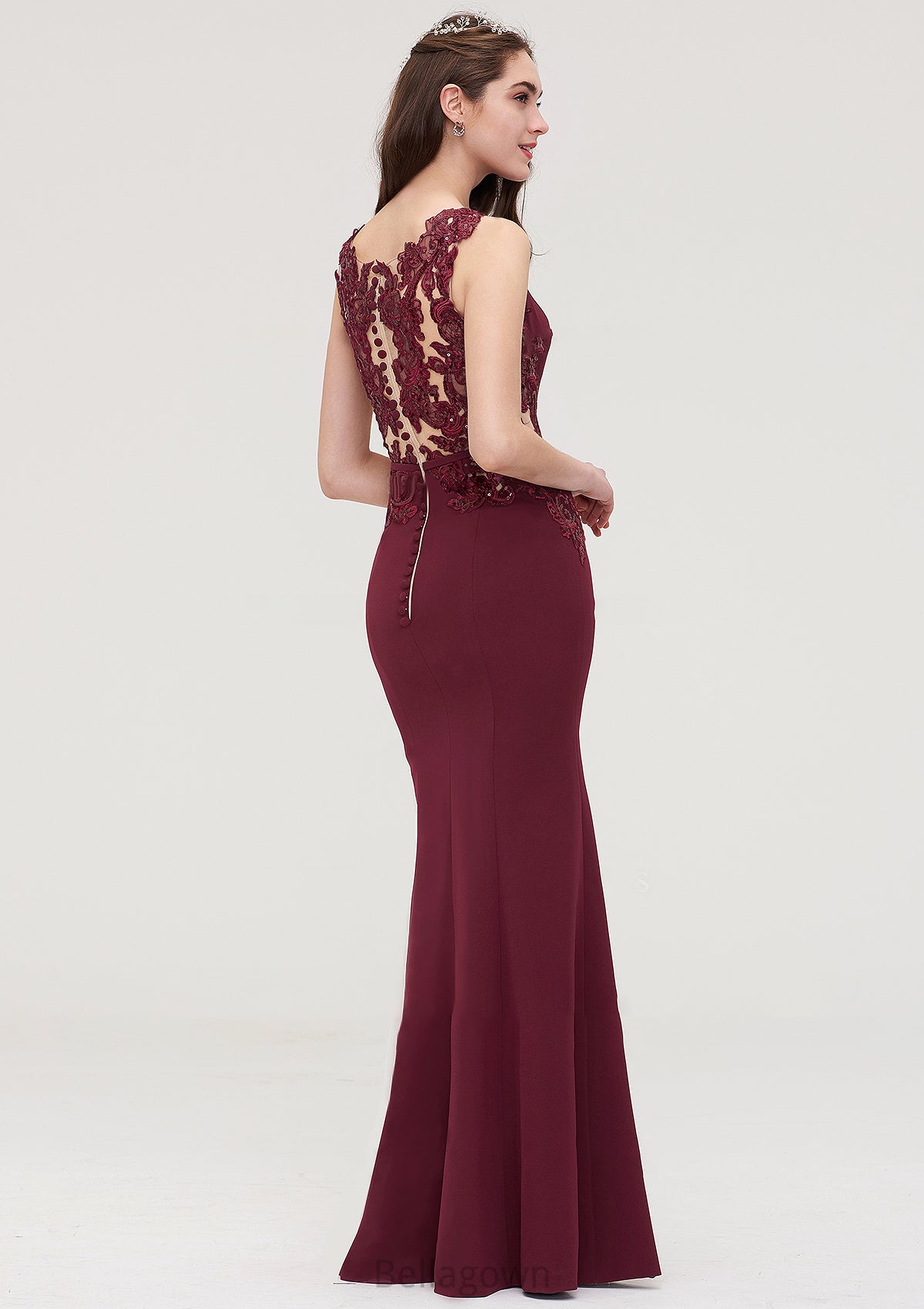 Bateau Sleeveless Sheath/Column Long/Floor-Length Elastic Satin Bridesmaid Dresses With Waistband Lace Sequins Sandra DNP0025443