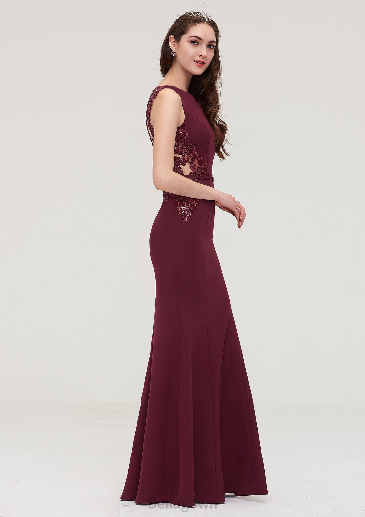 Bateau Sleeveless Sheath/Column Long/Floor-Length Elastic Satin Bridesmaid Dresses With Waistband Lace Sequins Sandra DNP0025443