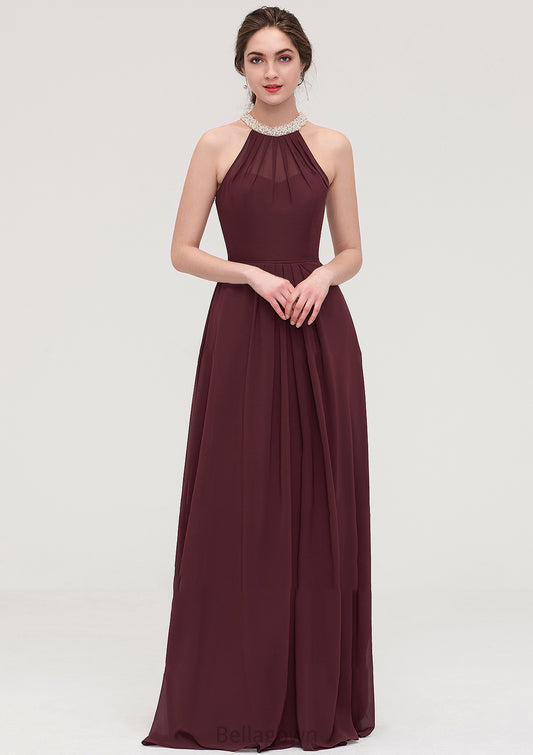 Sleeveless Halter Long/Floor-Length Chiffon A-line/Princess Bridesmaid Dresses With Beading Pleated Lailah DNP0025445