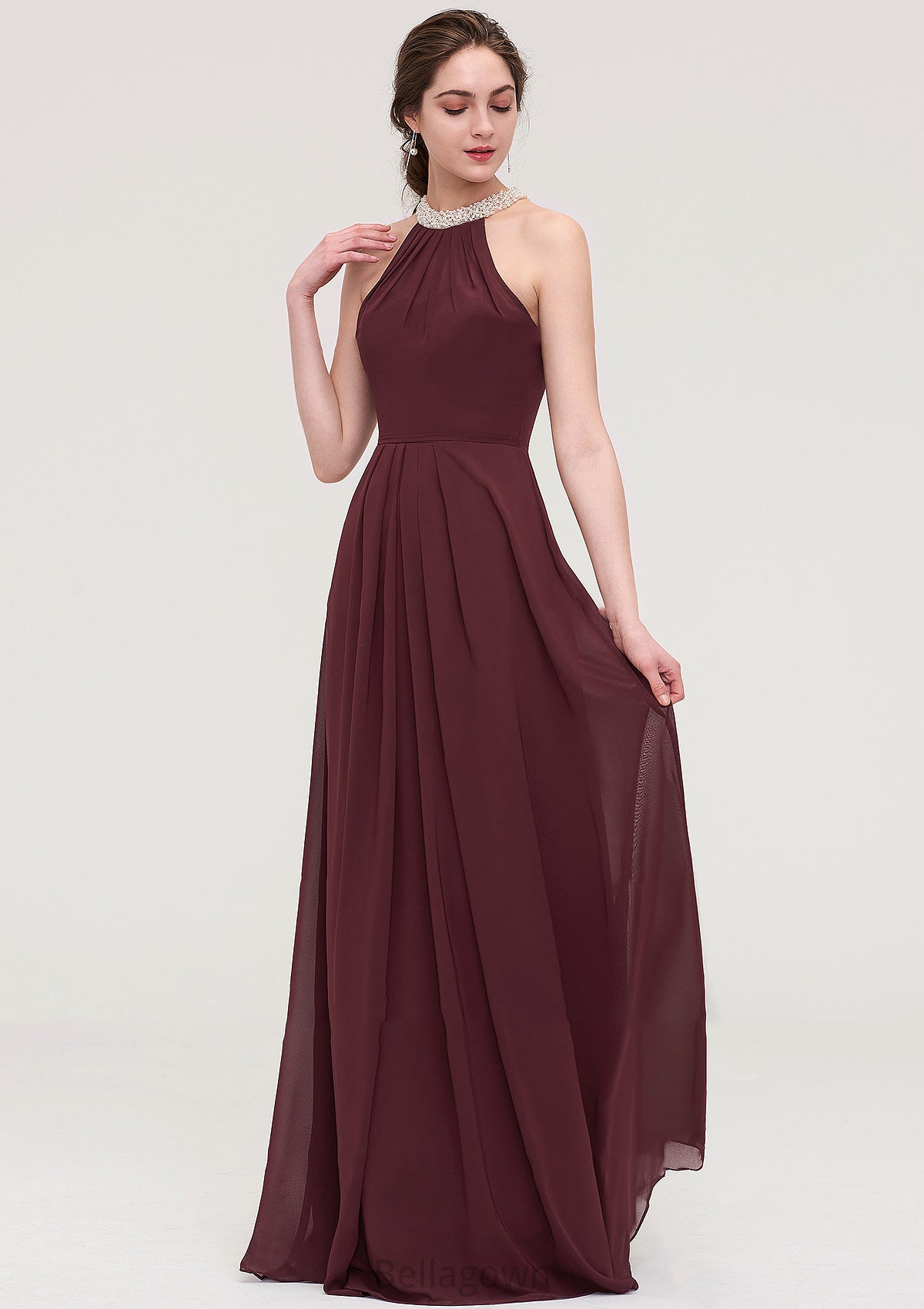 Sleeveless Halter Long/Floor-Length Chiffon A-line/Princess Bridesmaid Dresses With Beading Pleated Lailah DNP0025445