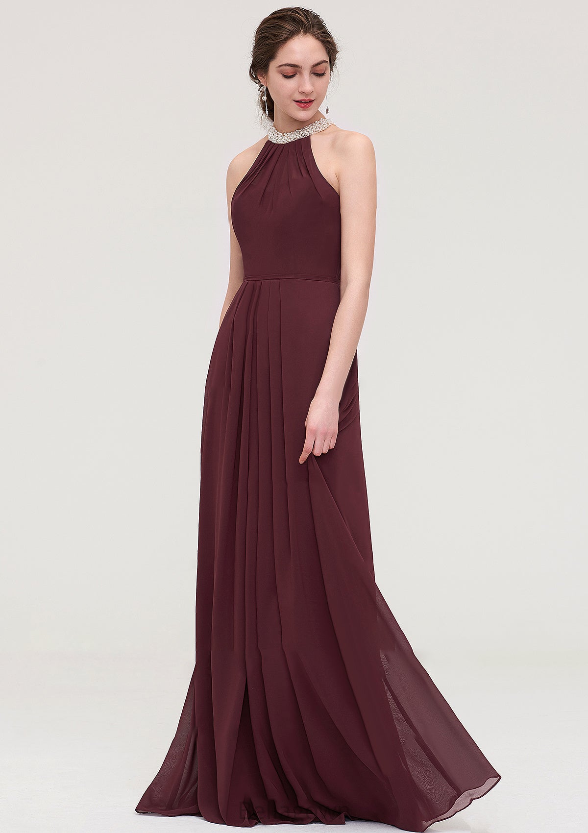 Sleeveless Halter Long/Floor-Length Chiffon A-line/Princess Bridesmaid Dresses With Beading Pleated Lailah DNP0025445