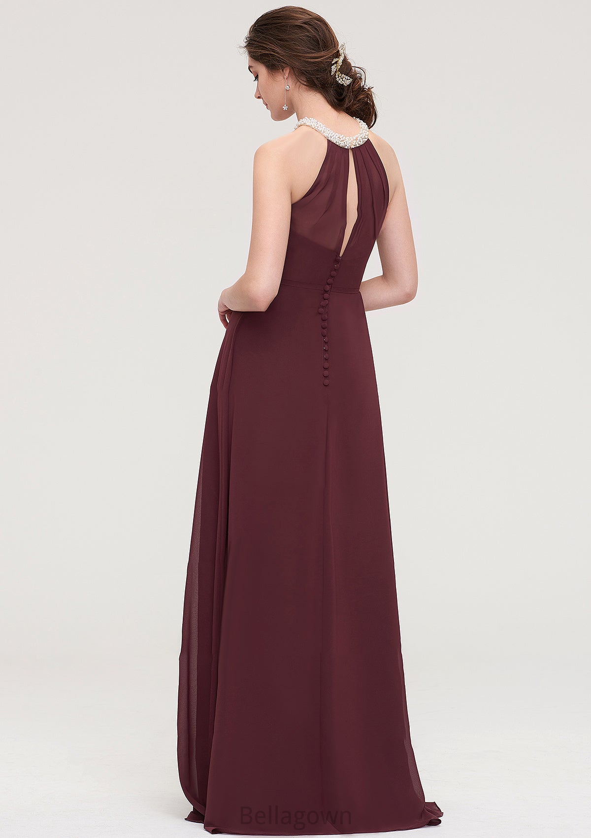 Sleeveless Halter Long/Floor-Length Chiffon A-line/Princess Bridesmaid Dresses With Beading Pleated Lailah DNP0025445