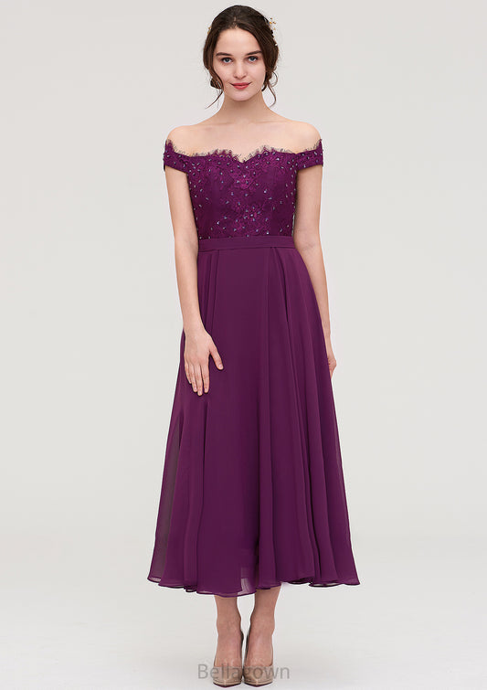 Off-the-Shoulder Sleeveless Tea-Length Chiffon A-line/Princess Bridesmaid Dresses With Lace Beading Judy DNP0025446