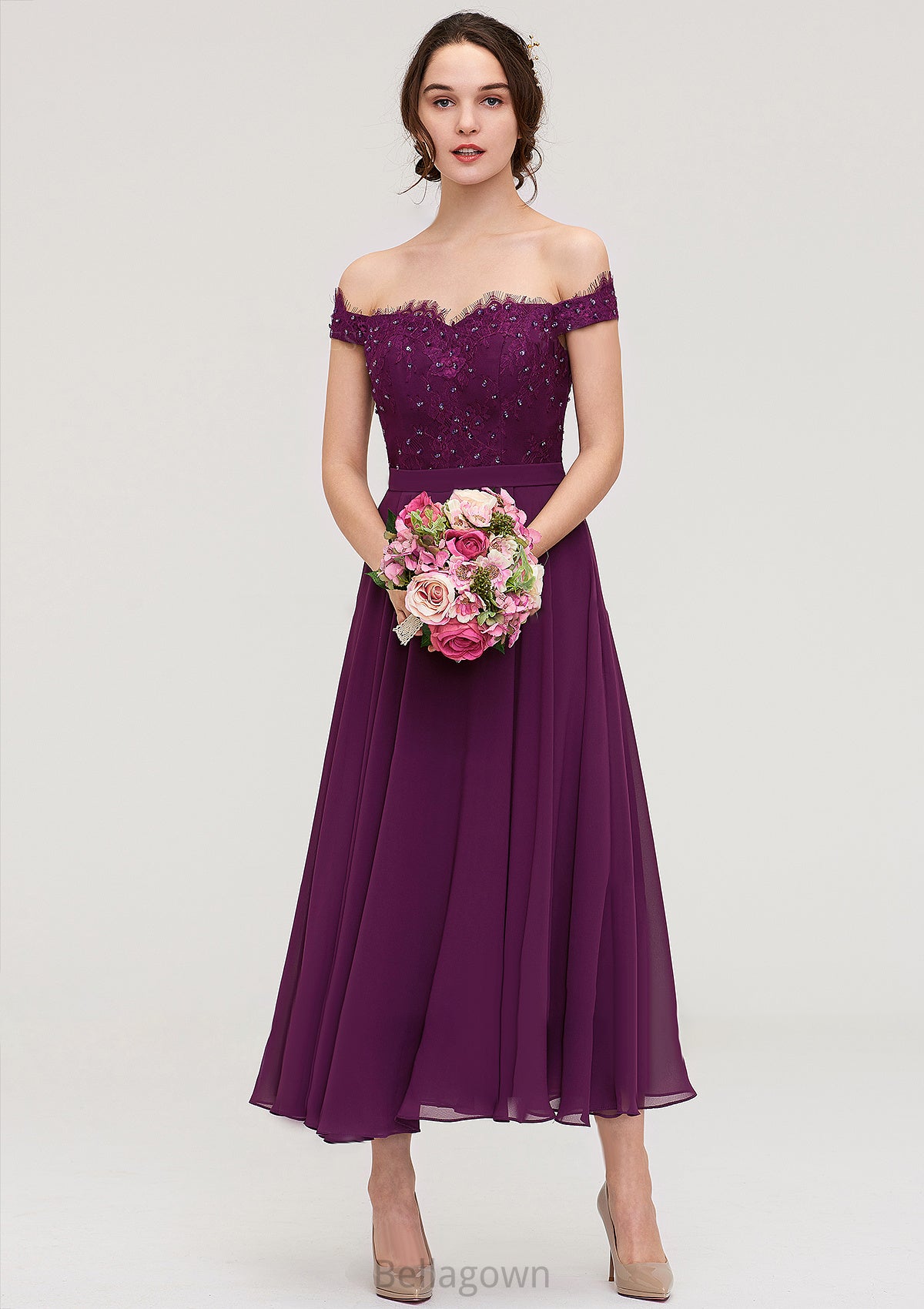 Off-the-Shoulder Sleeveless Tea-Length Chiffon A-line/Princess Bridesmaid Dresses With Lace Beading Judy DNP0025446