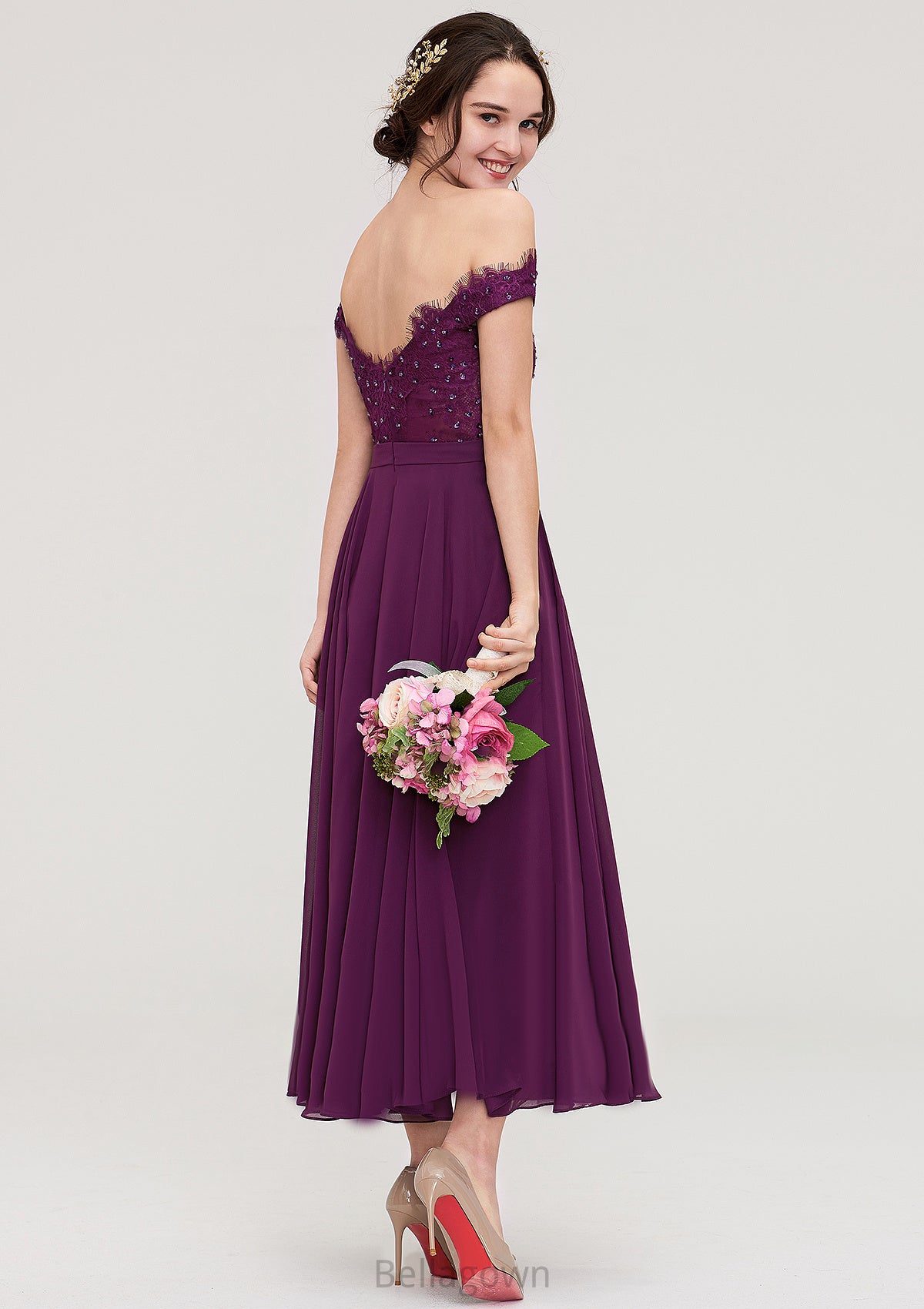 Off-the-Shoulder Sleeveless Tea-Length Chiffon A-line/Princess Bridesmaid Dresses With Lace Beading Judy DNP0025446