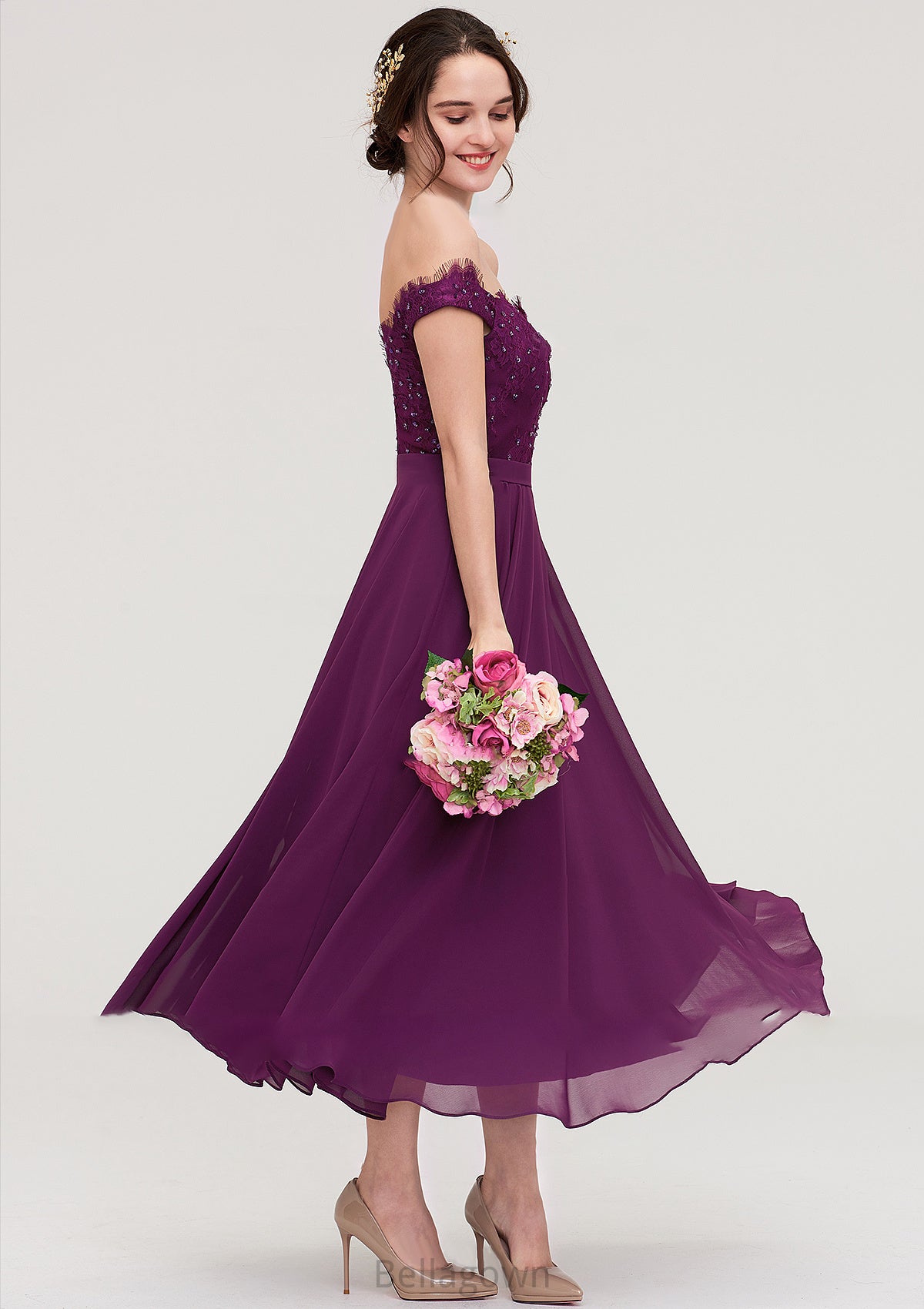 Off-the-Shoulder Sleeveless Tea-Length Chiffon A-line/Princess Bridesmaid Dresses With Lace Beading Judy DNP0025446