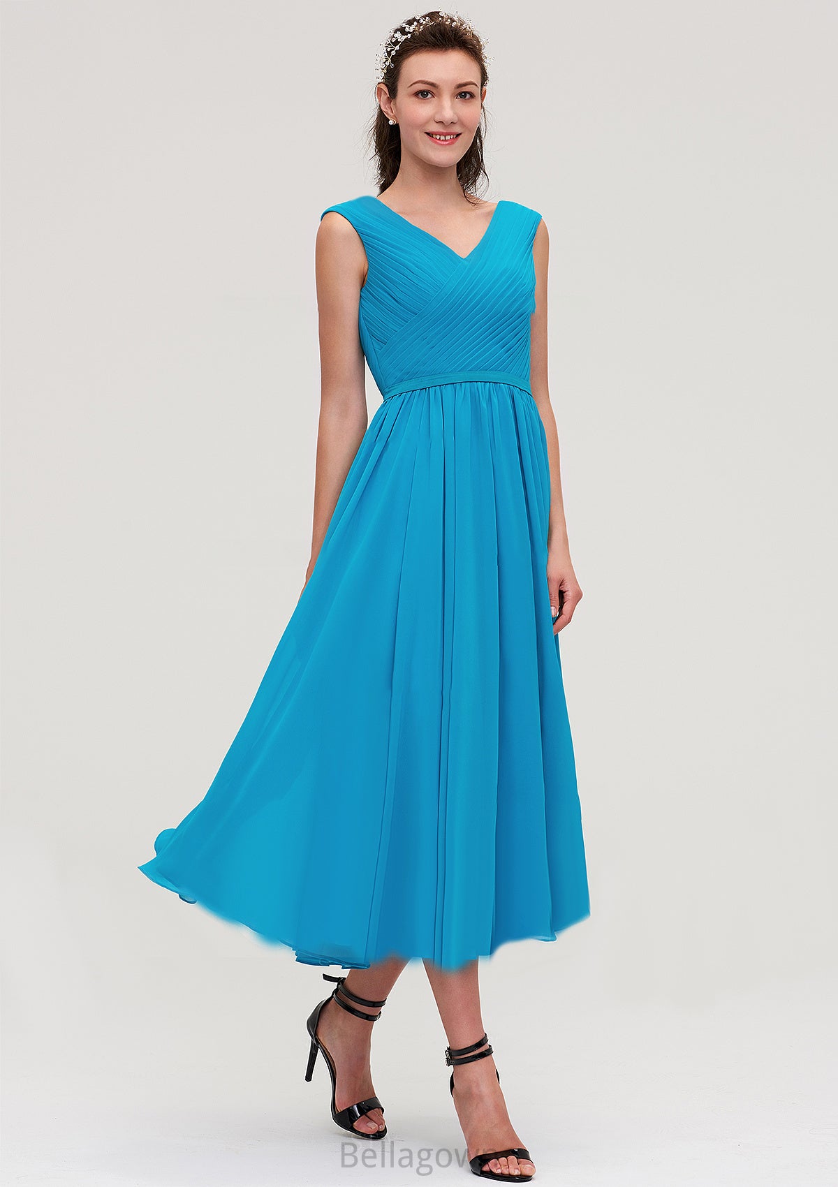 Sleeveless V Neck Tea-Length Chiffon A-line/Princess Bridesmaid Dresseses With Pleated Aria DNP0025448