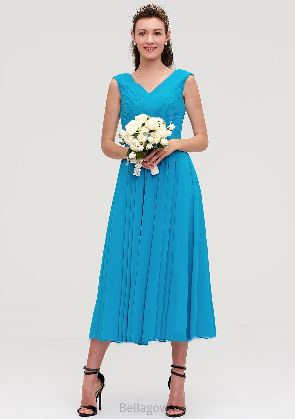 Sleeveless V Neck Tea-Length Chiffon A-line/Princess Bridesmaid Dresseses With Pleated Aria DNP0025448