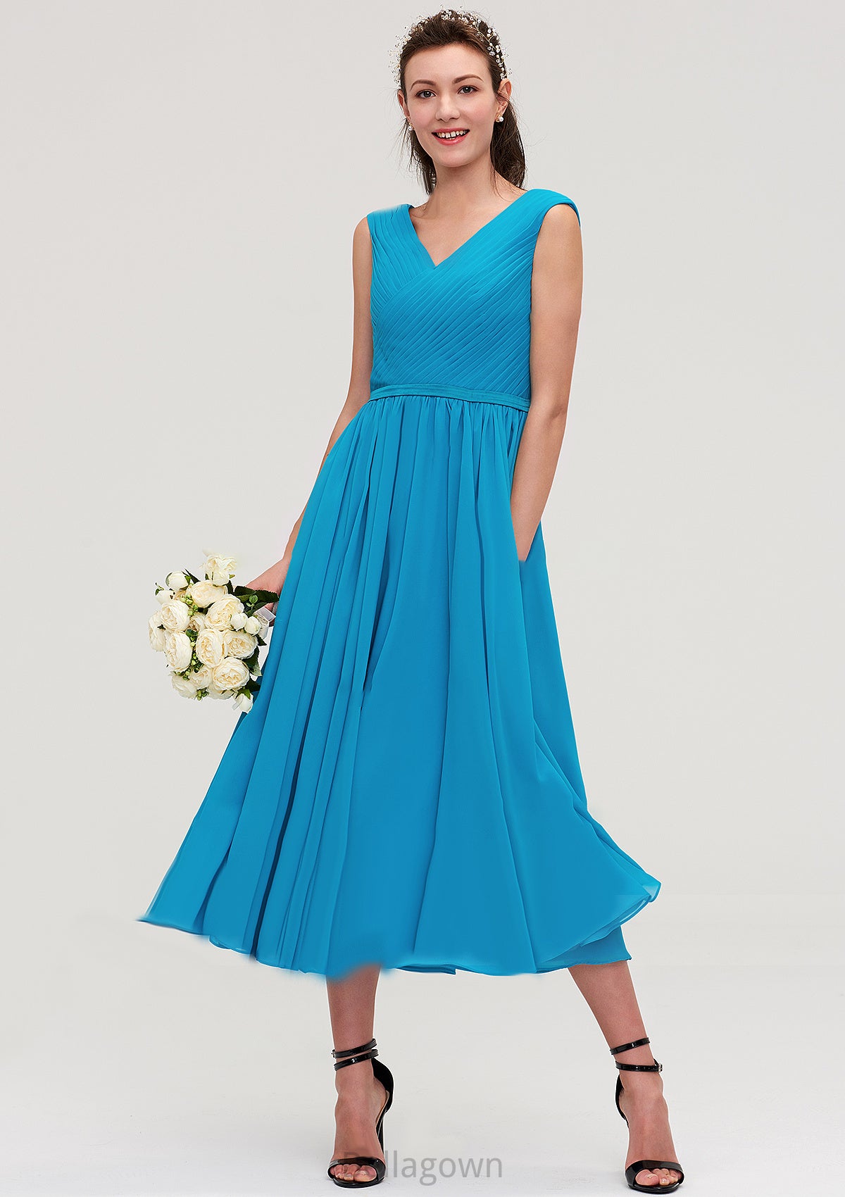 Sleeveless V Neck Tea-Length Chiffon A-line/Princess Bridesmaid Dresseses With Pleated Aria DNP0025448