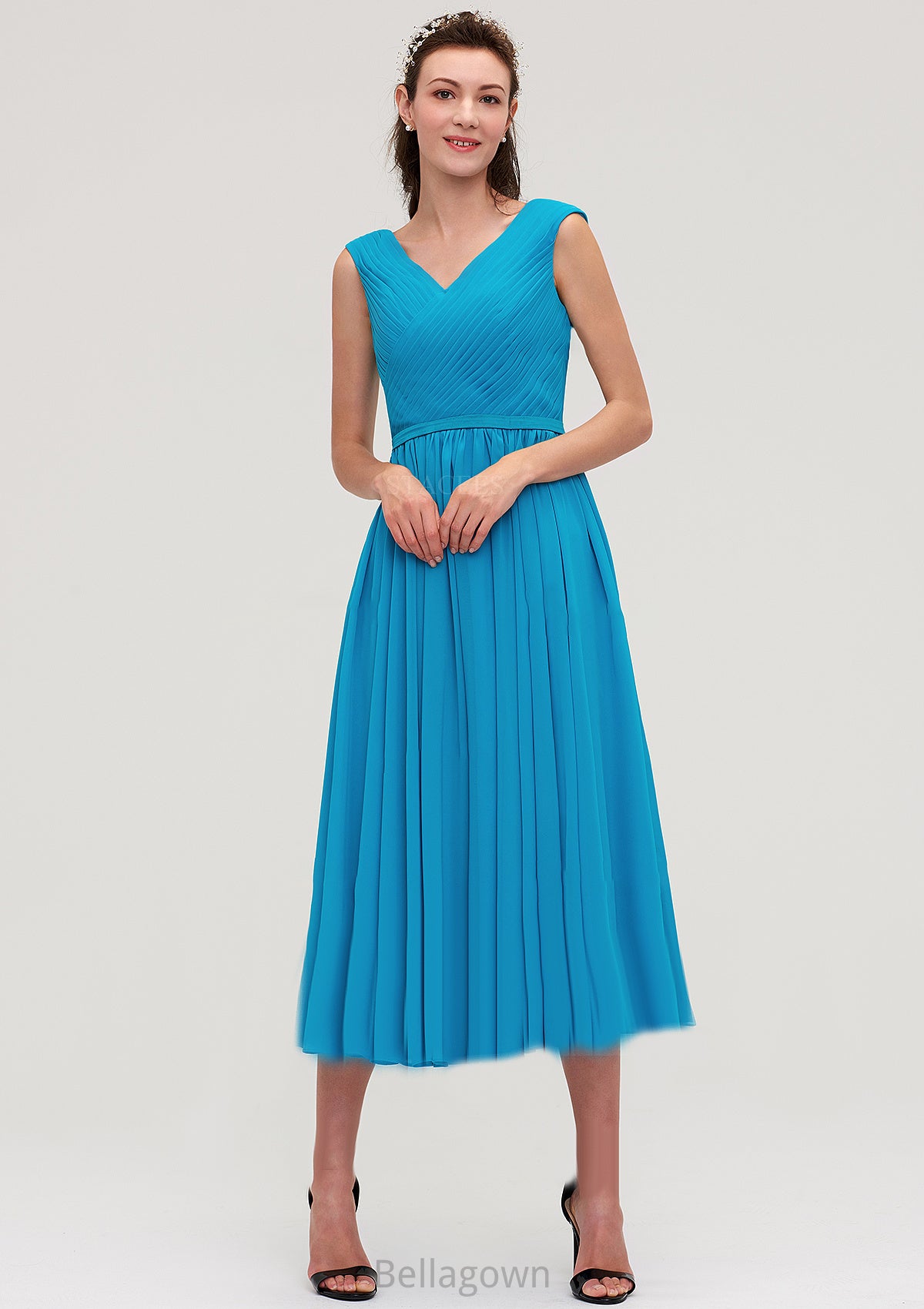 Sleeveless V Neck Tea-Length Chiffon A-line/Princess Bridesmaid Dresseses With Pleated Aria DNP0025448