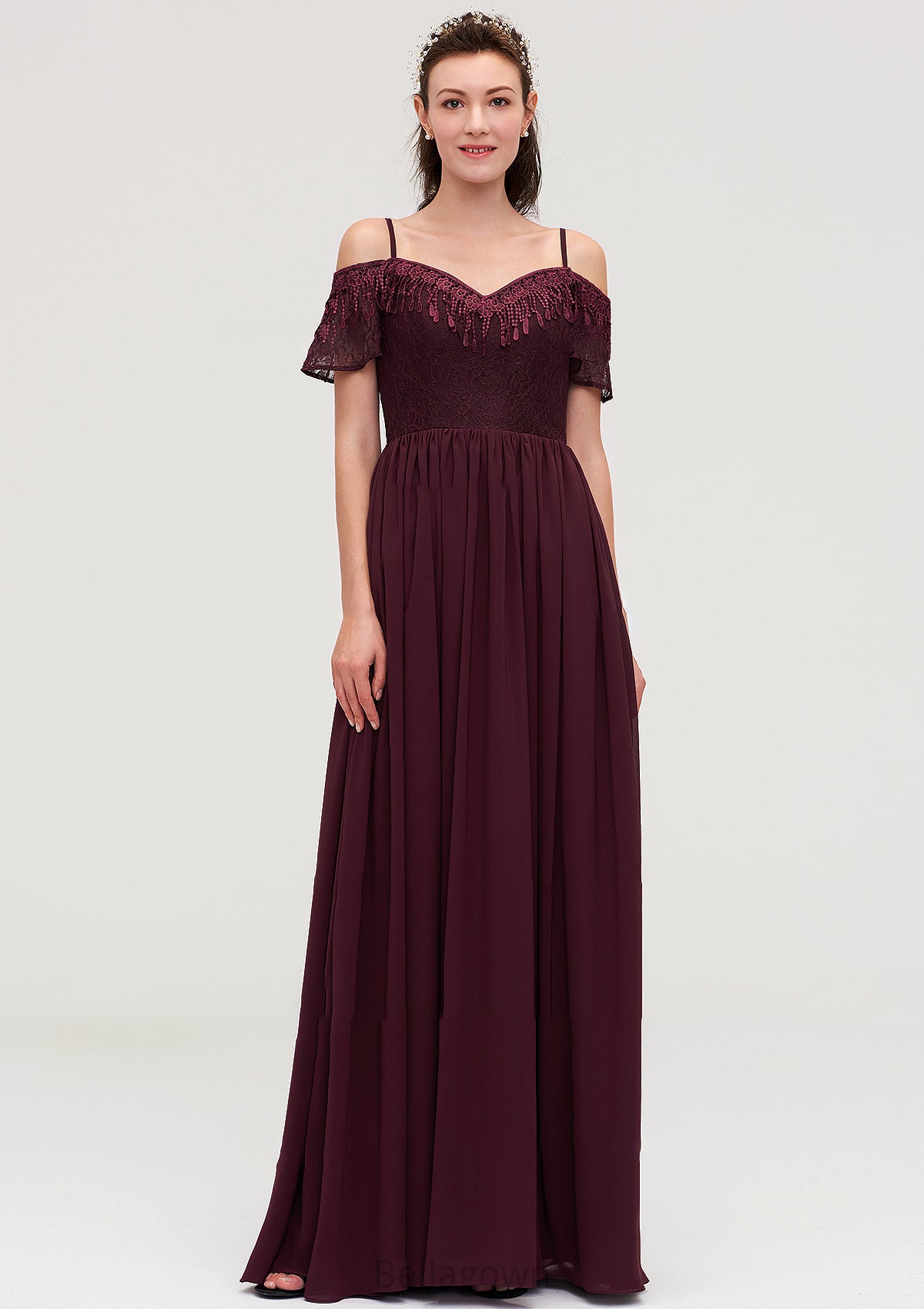 Off-the-Shoulder Sleeveless Chiffon A-line/Princess Long/Floor-Length Bridesmaid Dresseses With Lace Lillianna DNP0025449