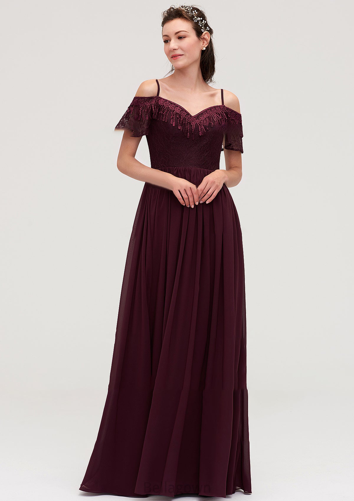 Off-the-Shoulder Sleeveless Chiffon A-line/Princess Long/Floor-Length Bridesmaid Dresseses With Lace Lillianna DNP0025449