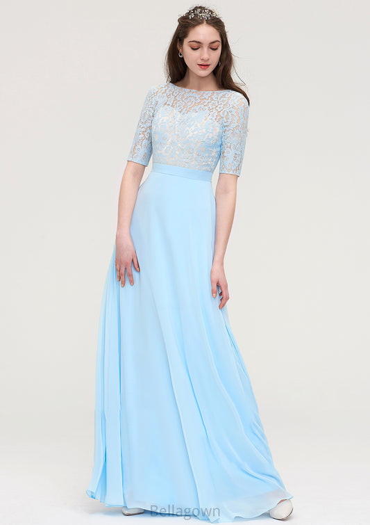 Half Sleeve Long/Floor-Length Bateau Chiffon A-line/Princess Bridesmaid Dresses With Lace Tiara DNP0025450