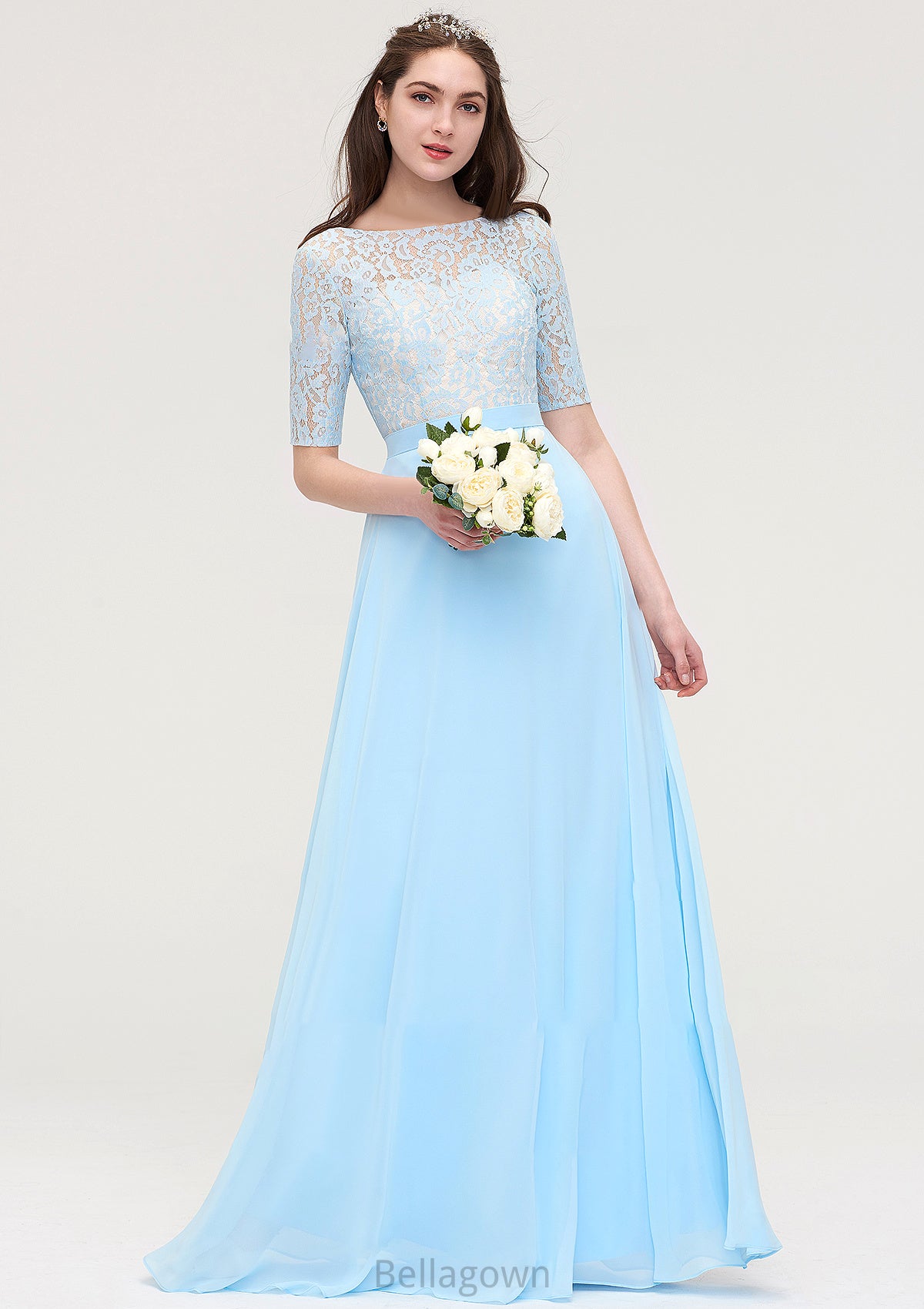 Half Sleeve Long/Floor-Length Bateau Chiffon A-line/Princess Bridesmaid Dresses With Lace Tiara DNP0025450