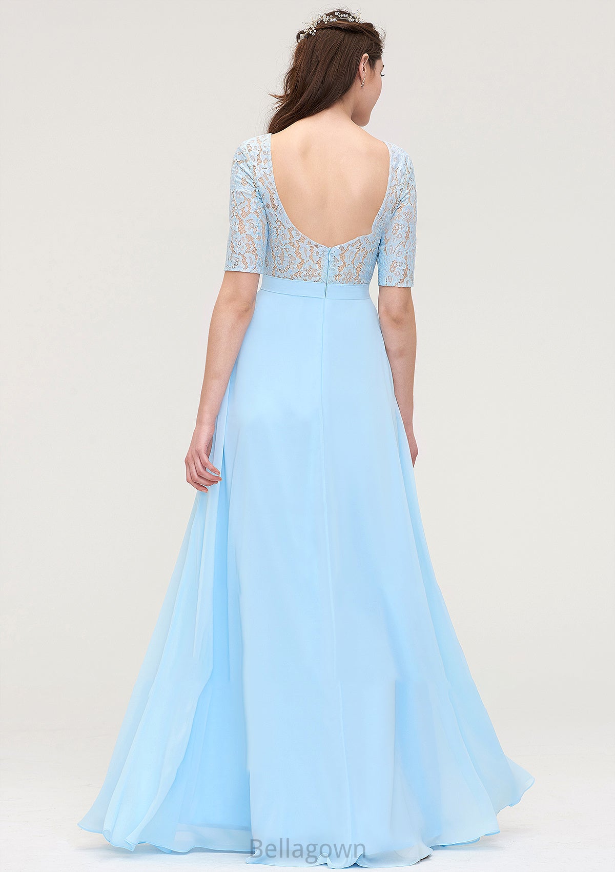 Half Sleeve Long/Floor-Length Bateau Chiffon A-line/Princess Bridesmaid Dresses With Lace Tiara DNP0025450