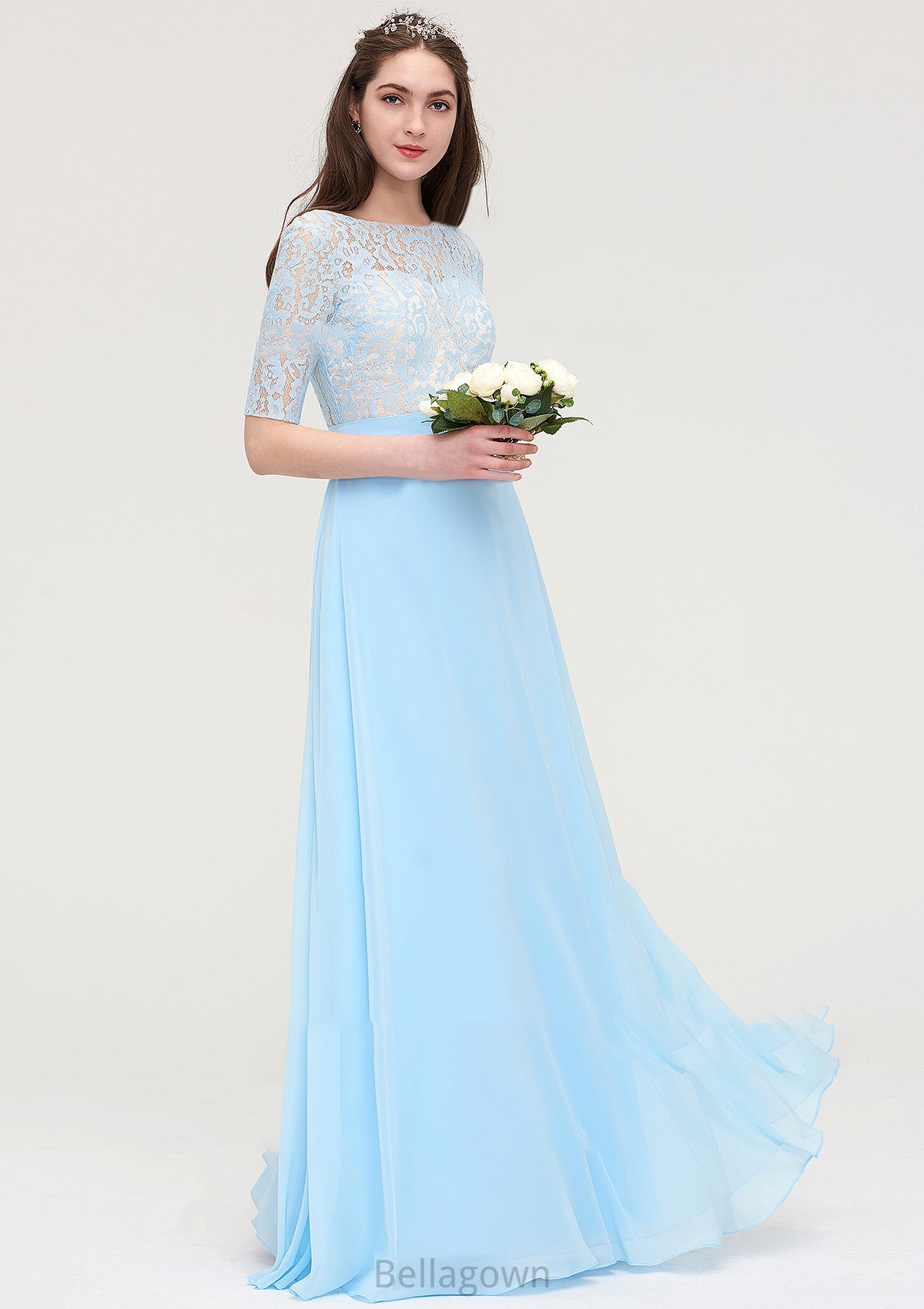 Half Sleeve Long/Floor-Length Bateau Chiffon A-line/Princess Bridesmaid Dresses With Lace Tiara DNP0025450