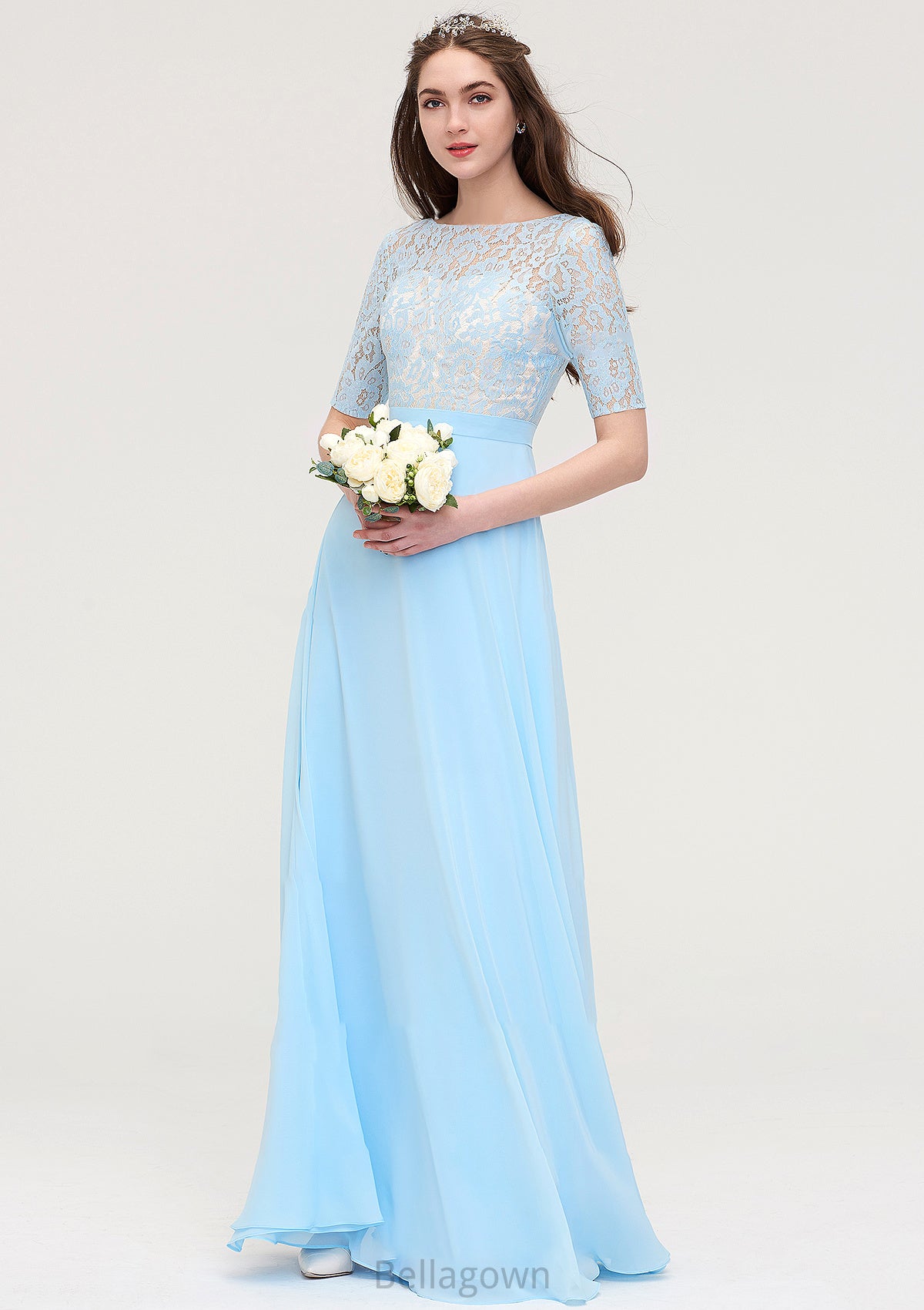 Half Sleeve Long/Floor-Length Bateau Chiffon A-line/Princess Bridesmaid Dresses With Lace Tiara DNP0025450