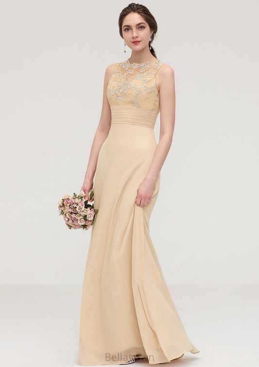 Sleeveless Halter Open Back Long/Floor-Length Sheath/Column Chiffon Bridesmaid Dresses With Pleated Lace Stephany DNP0025451