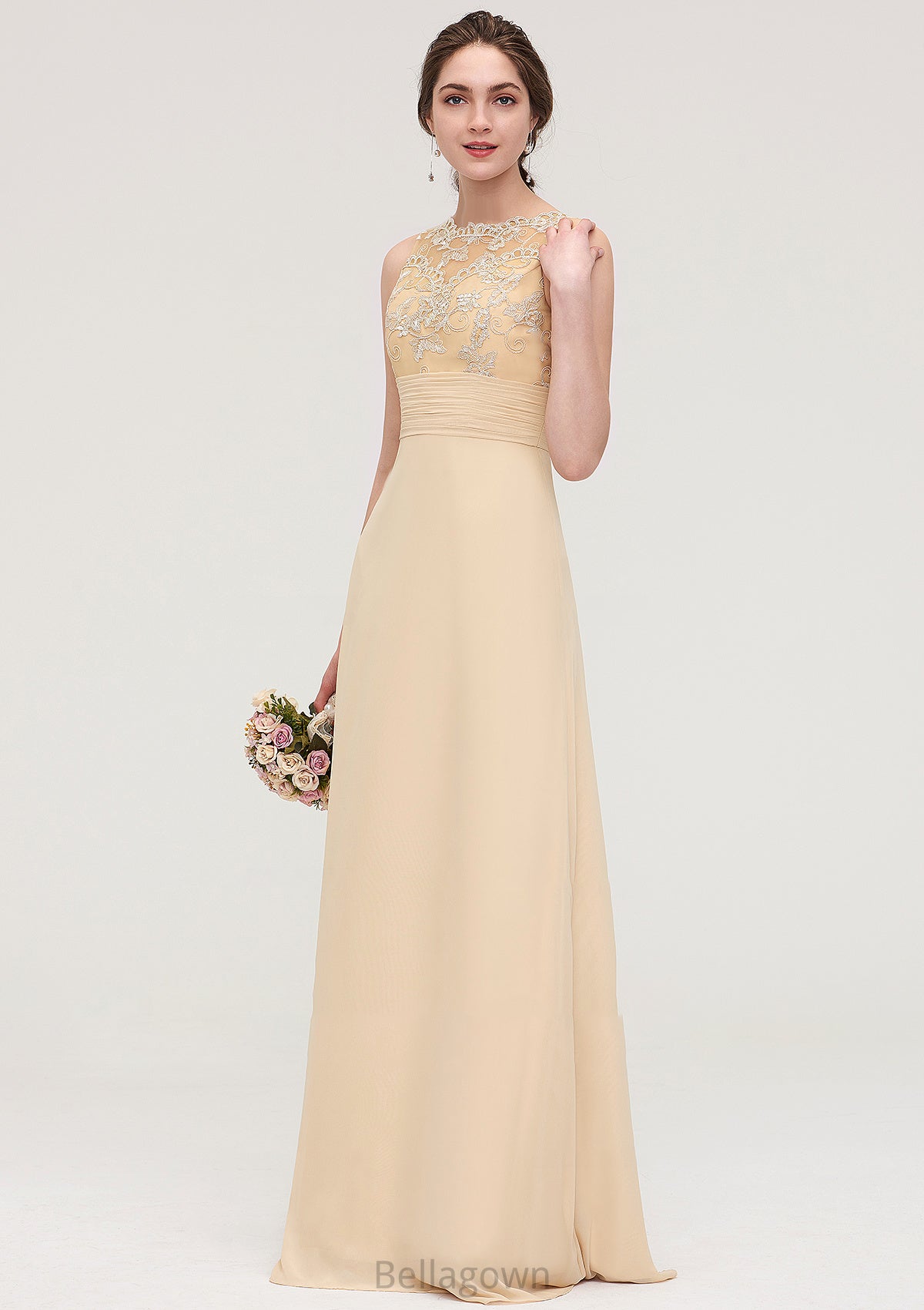 Sleeveless Halter Open Back Long/Floor-Length Sheath/Column Chiffon Bridesmaid Dresses With Pleated Lace Stephany DNP0025451