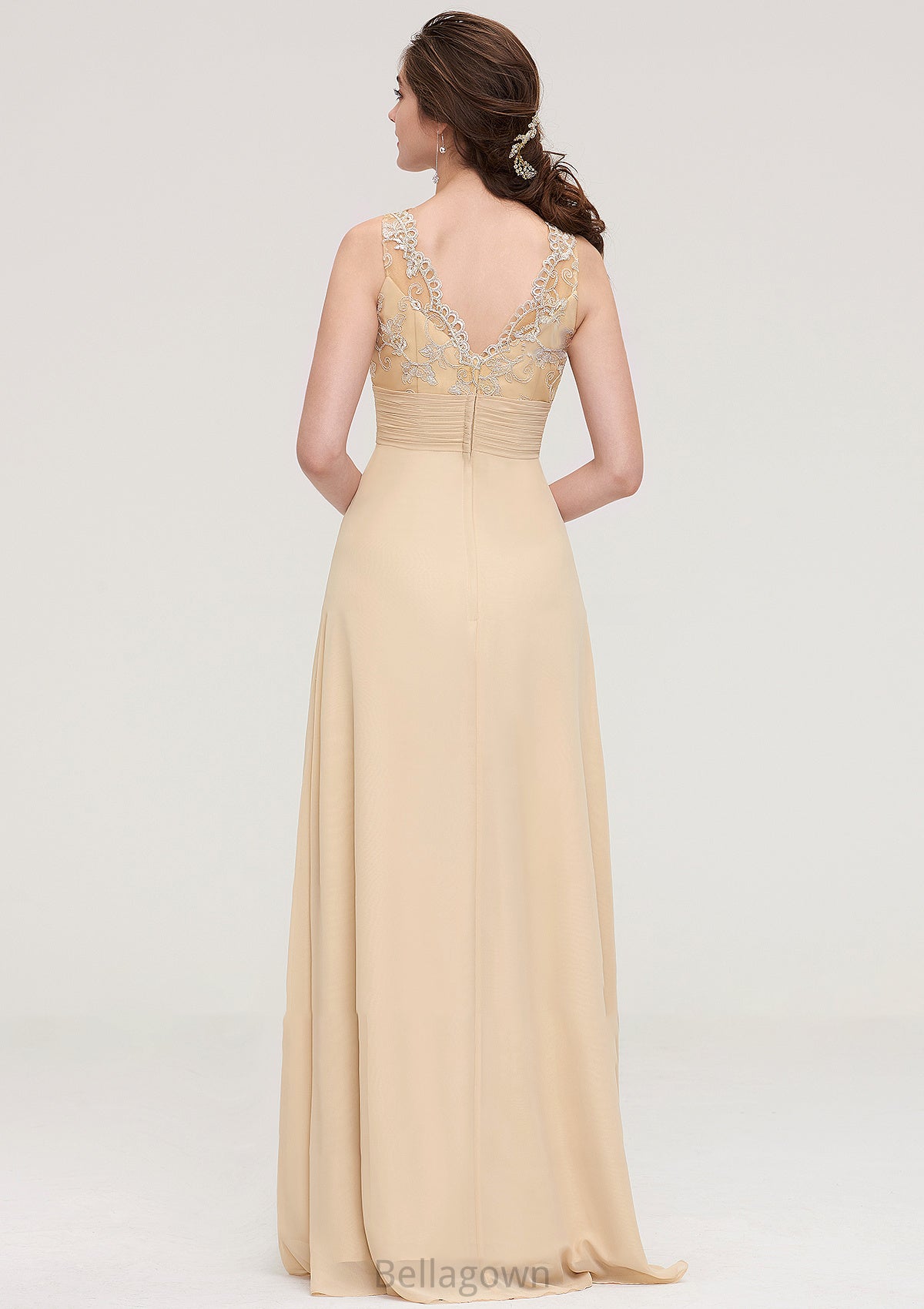 Sleeveless Halter Open Back Long/Floor-Length Sheath/Column Chiffon Bridesmaid Dresses With Pleated Lace Stephany DNP0025451