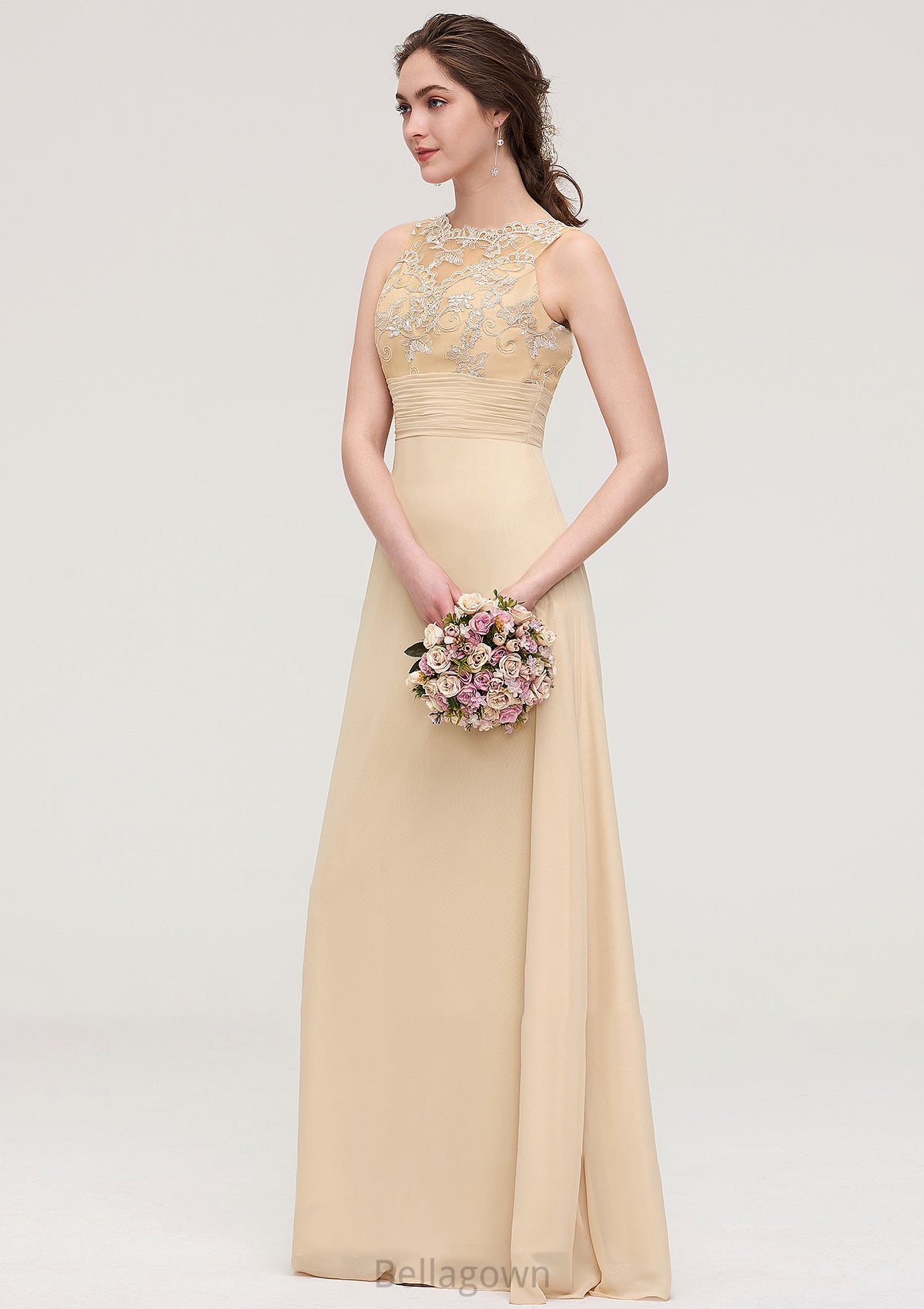 Sleeveless Halter Open Back Long/Floor-Length Sheath/Column Chiffon Bridesmaid Dresses With Pleated Lace Stephany DNP0025451