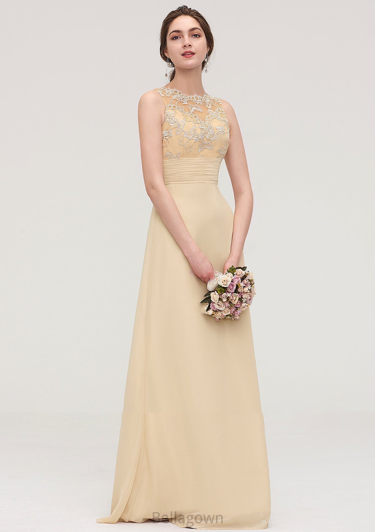 Sleeveless Halter Open Back Long/Floor-Length Sheath/Column Chiffon Bridesmaid Dresses With Pleated Lace Stephany DNP0025451