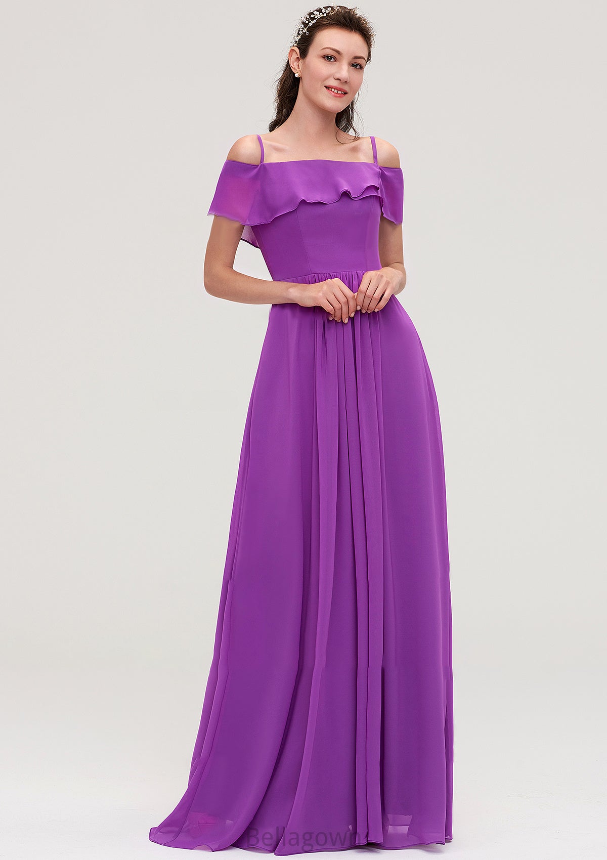 Sleeveless Off-the-Shoulder Chiffon A-line/Princess Long/Floor-Length Bridesmaid Dresseses With Ruffles Jessie DNP0025452