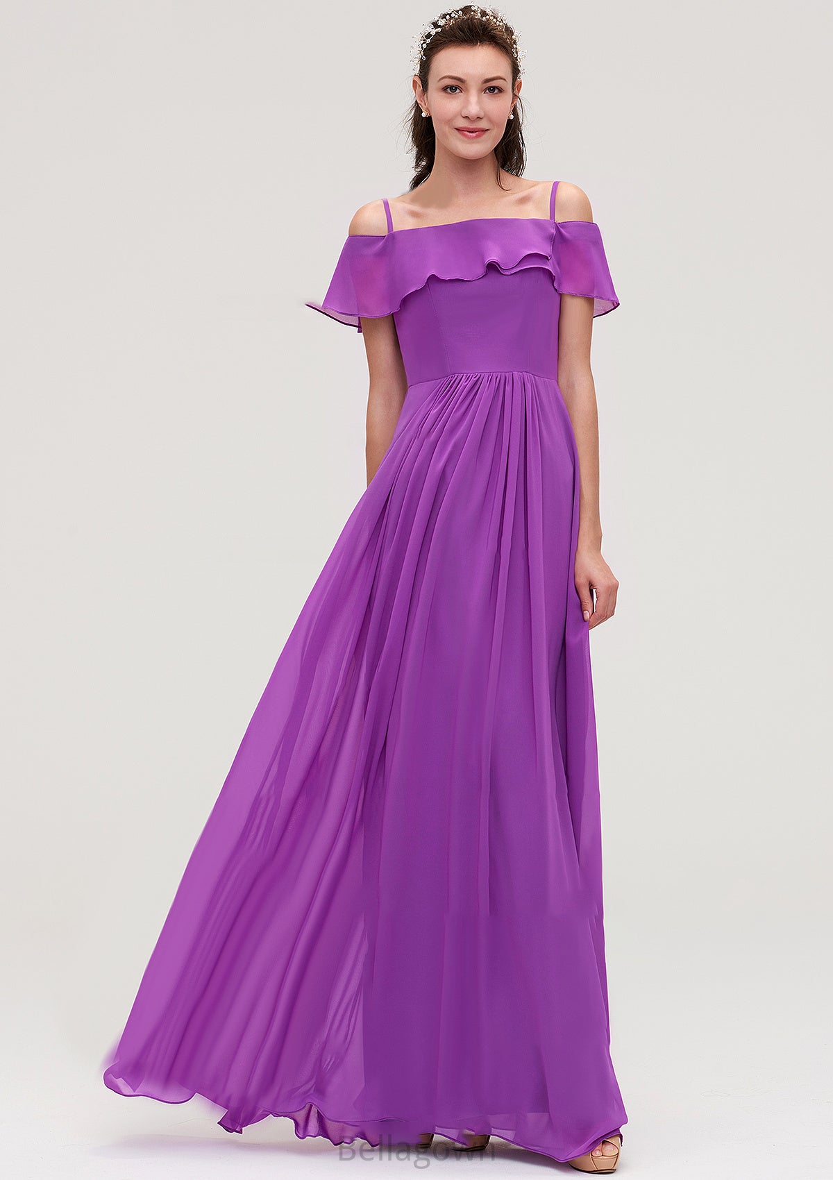 Sleeveless Off-the-Shoulder Chiffon A-line/Princess Long/Floor-Length Bridesmaid Dresseses With Ruffles Jessie DNP0025452