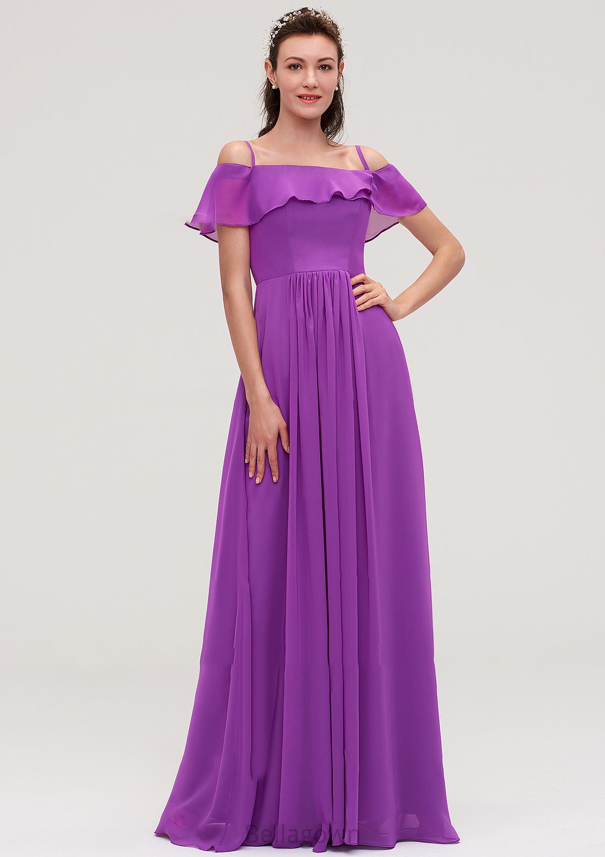 Sleeveless Off-the-Shoulder Chiffon A-line/Princess Long/Floor-Length Bridesmaid Dresseses With Ruffles Jessie DNP0025452