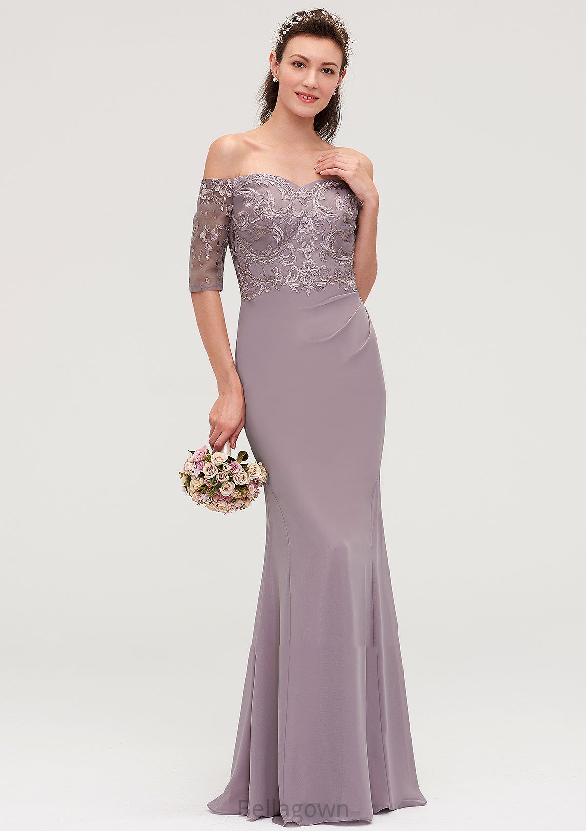 Off-the-Shoulder Half Sleeve Sheath/Column Long/Floor-Length Chiffon Bridesmaid Dresseses With Appliqued Janet DNP0025458