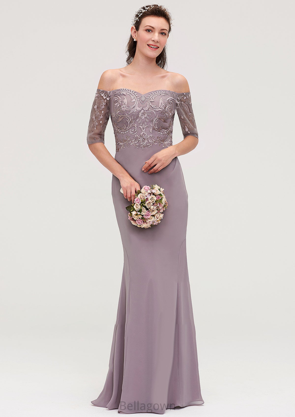 Off-the-Shoulder Half Sleeve Sheath/Column Long/Floor-Length Chiffon Bridesmaid Dresseses With Appliqued Janet DNP0025458