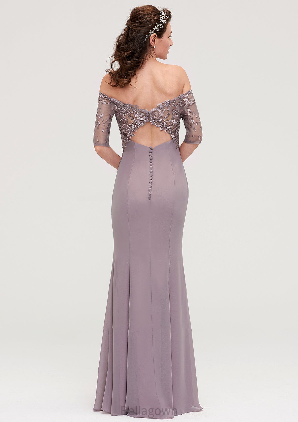 Off-the-Shoulder Half Sleeve Sheath/Column Long/Floor-Length Chiffon Bridesmaid Dresseses With Appliqued Janet DNP0025458