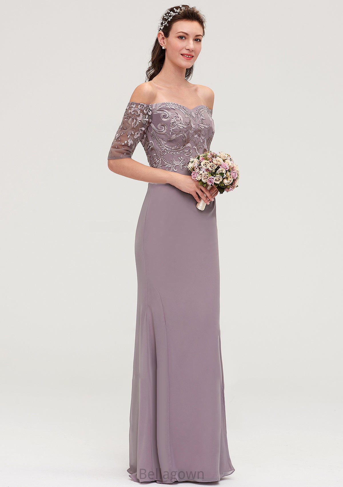 Off-the-Shoulder Half Sleeve Sheath/Column Long/Floor-Length Chiffon Bridesmaid Dresseses With Appliqued Janet DNP0025458