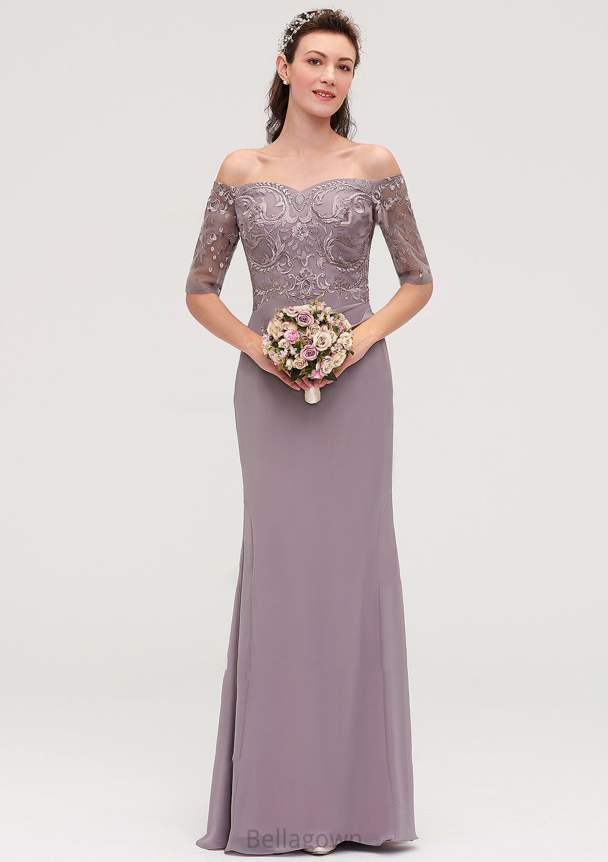 Off-the-Shoulder Half Sleeve Sheath/Column Long/Floor-Length Chiffon Bridesmaid Dresseses With Appliqued Janet DNP0025458