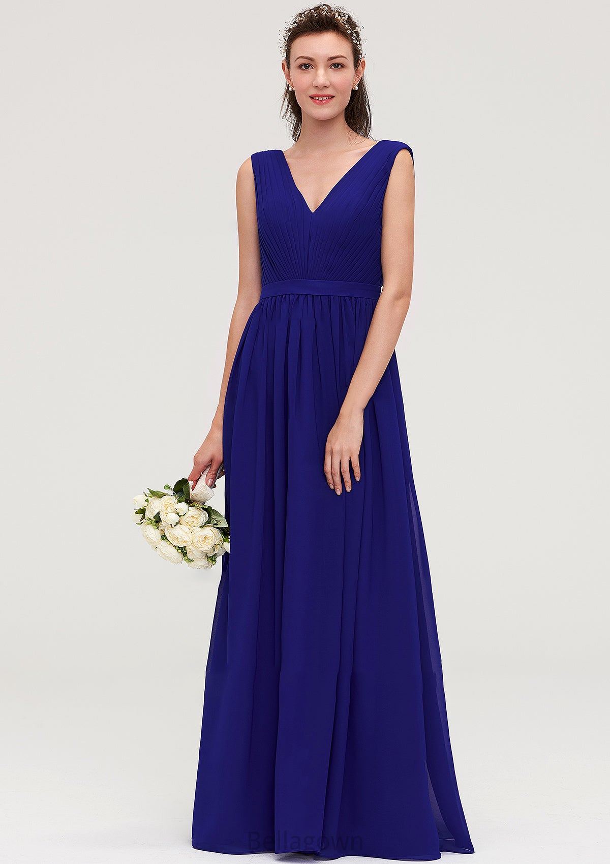 Sleeveless V Neck Chiffon A-line/Princess Long/Floor-Length Bridesmaid Dresseses With Pleated Maeve DNP0025459