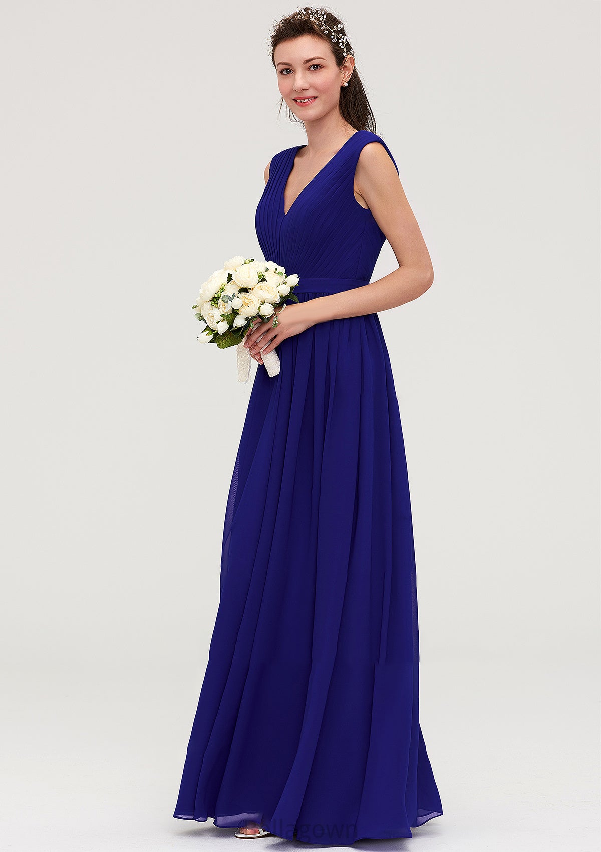 Sleeveless V Neck Chiffon A-line/Princess Long/Floor-Length Bridesmaid Dresseses With Pleated Maeve DNP0025459