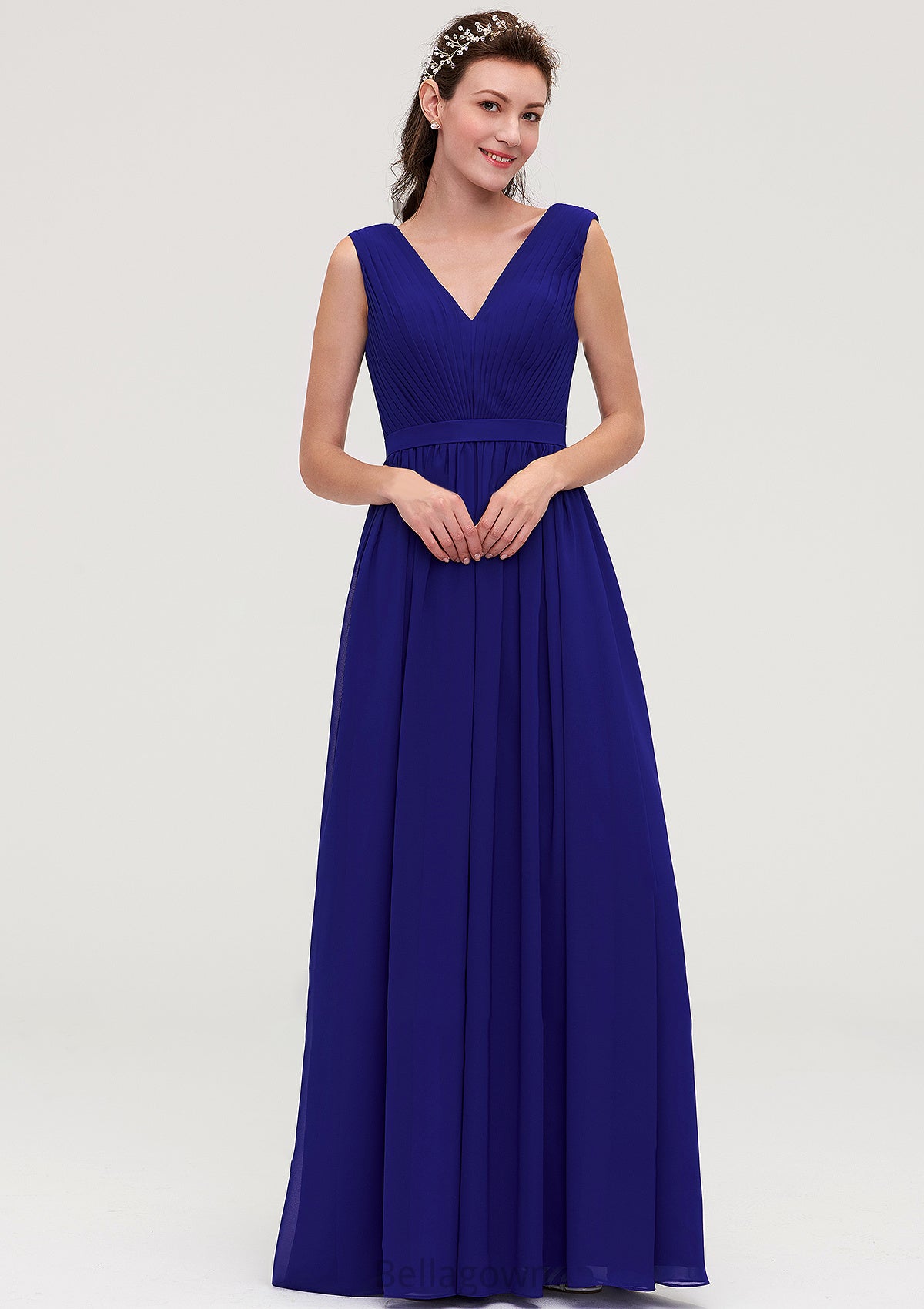 Sleeveless V Neck Chiffon A-line/Princess Long/Floor-Length Bridesmaid Dresseses With Pleated Maeve DNP0025459