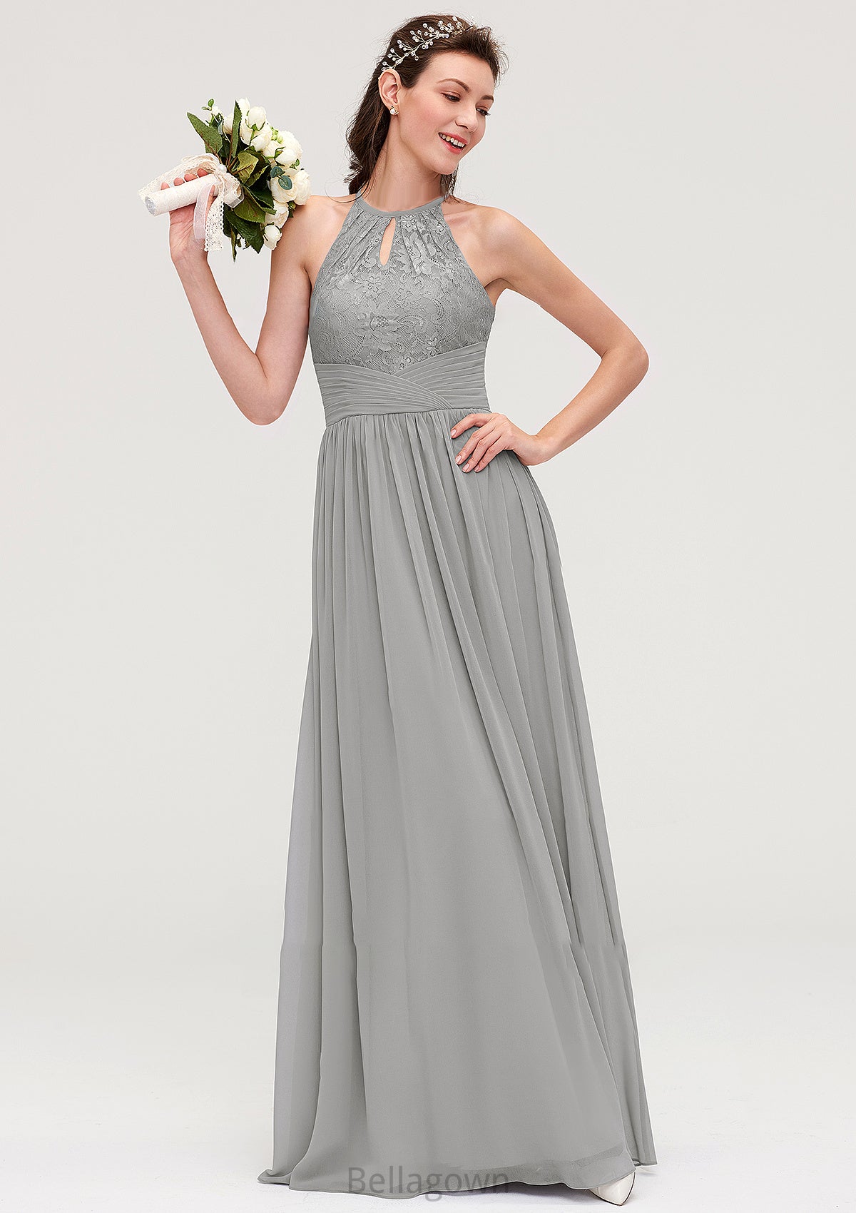 Sleeveless Scoop Neck Chiffon A-line/Princess Long/Floor-Length Bridesmaid Dresseses With Pleated Lace Janelle DNP0025460