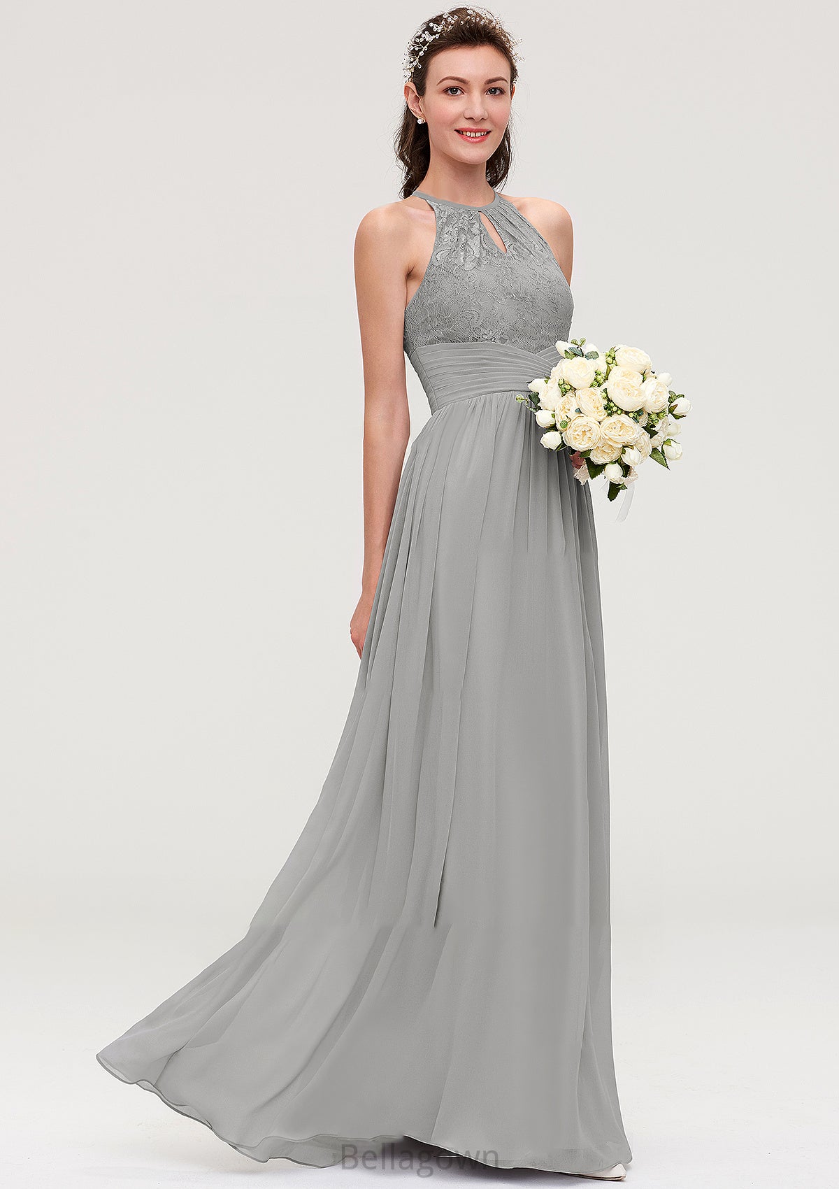 Sleeveless Scoop Neck Chiffon A-line/Princess Long/Floor-Length Bridesmaid Dresseses With Pleated Lace Janelle DNP0025460