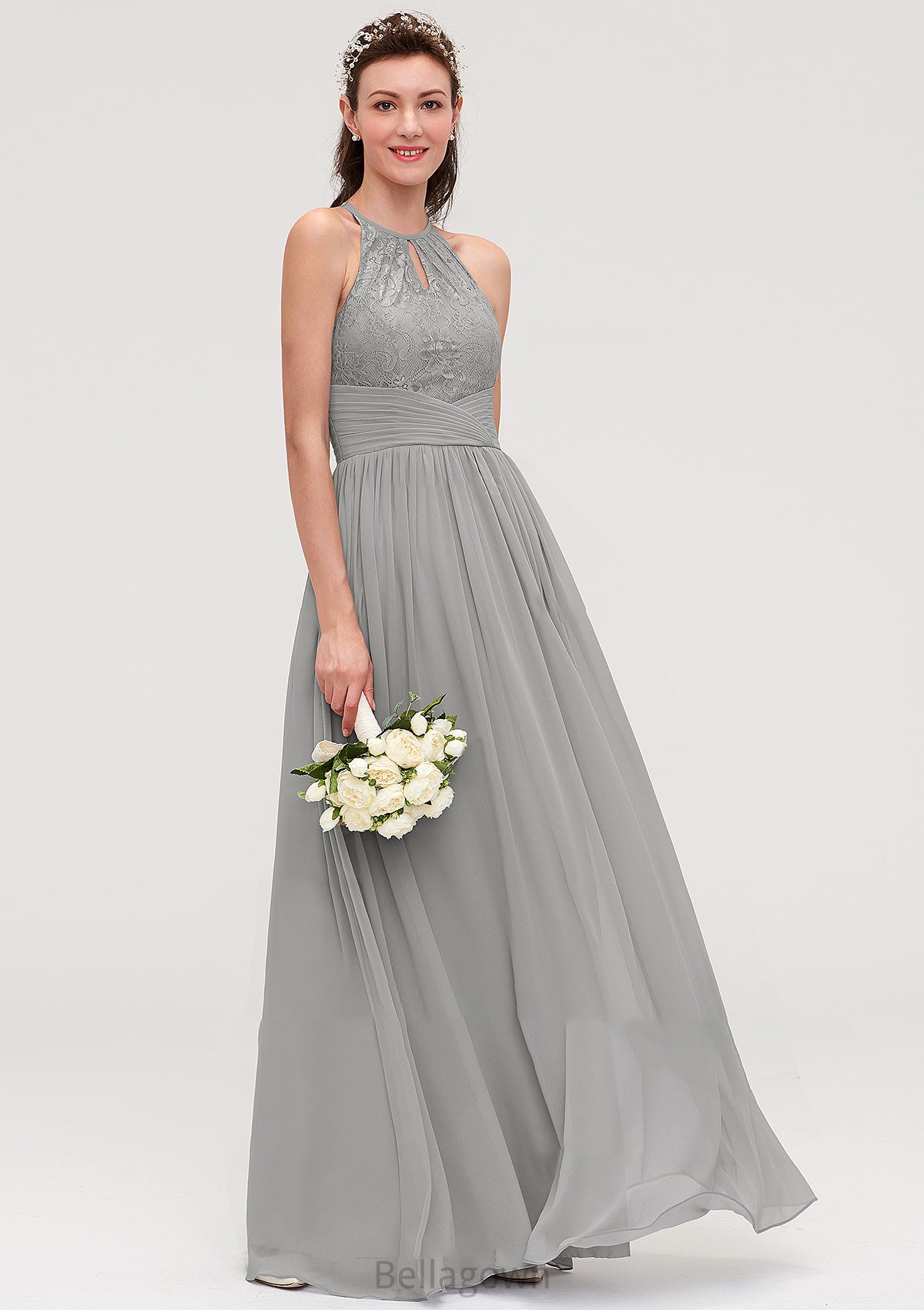 Sleeveless Scoop Neck Chiffon A-line/Princess Long/Floor-Length Bridesmaid Dresseses With Pleated Lace Janelle DNP0025460