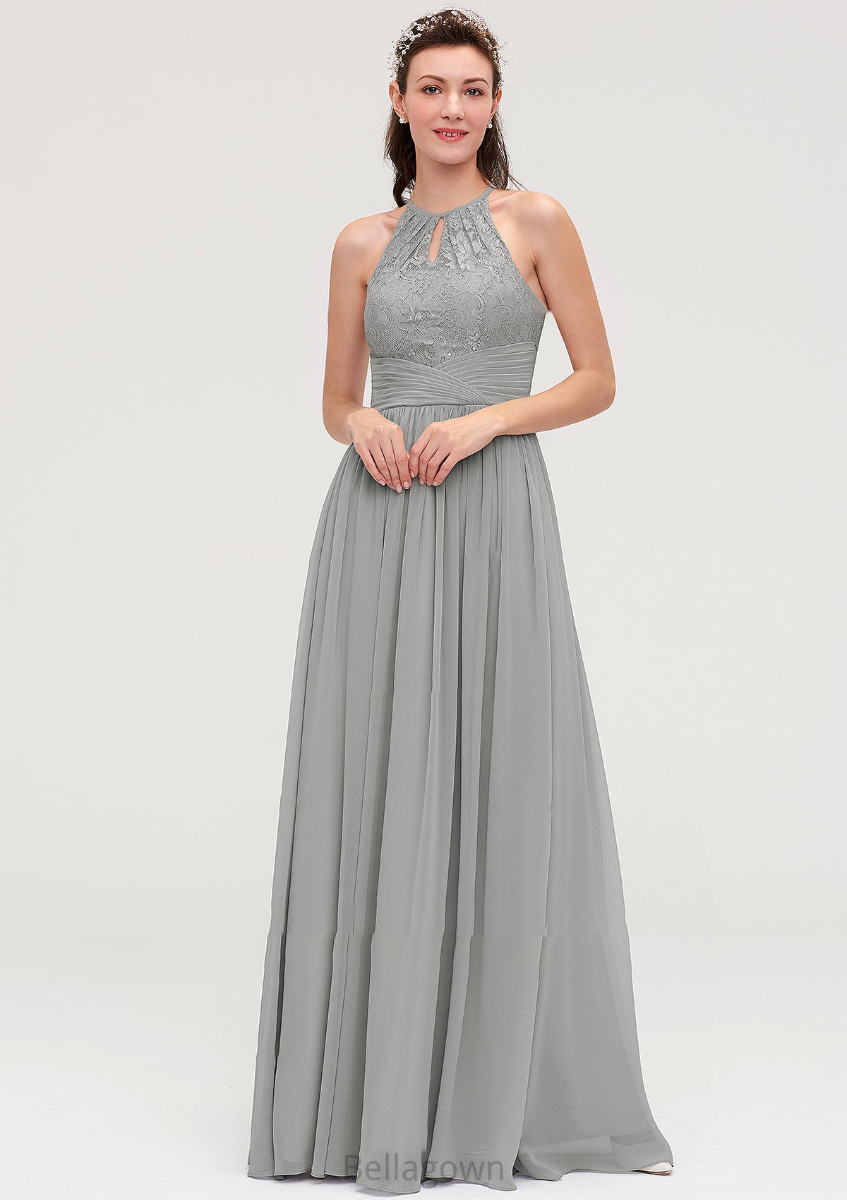 Sleeveless Scoop Neck Chiffon A-line/Princess Long/Floor-Length Bridesmaid Dresseses With Pleated Lace Janelle DNP0025460