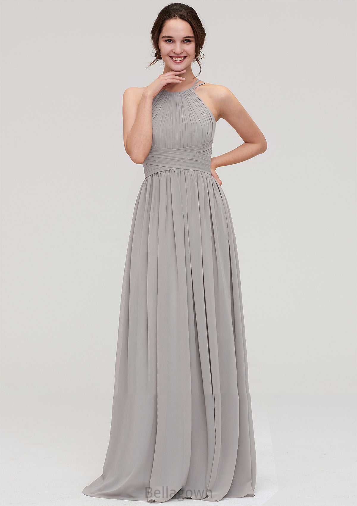 Halter Sleeveless A-line/Princess Long/Floor-Length Chiffon Bridesmaid Dresses With Pleated Whitney DNP0025462