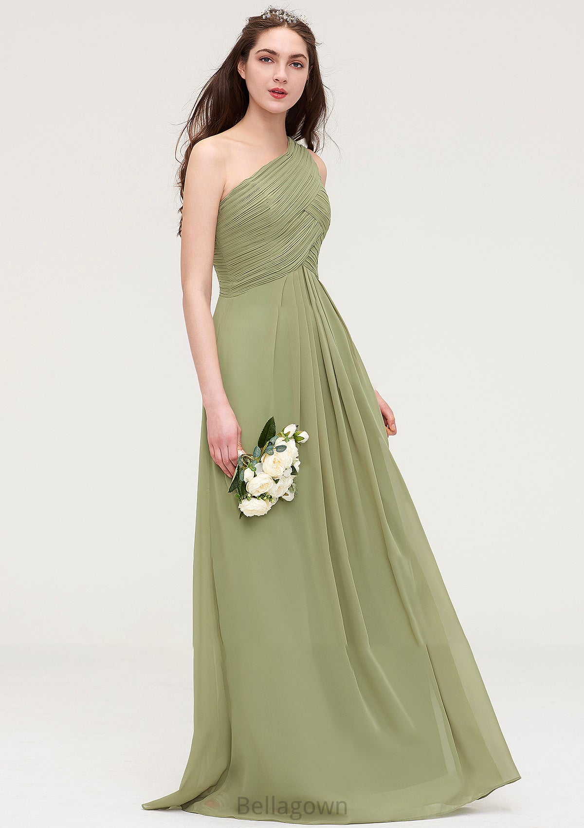 Sleeveless One-Shoulder Long/Floor-Length Chiffon A-line/Princess Bridesmaid Dresses With Pleated Everleigh DNP0025463